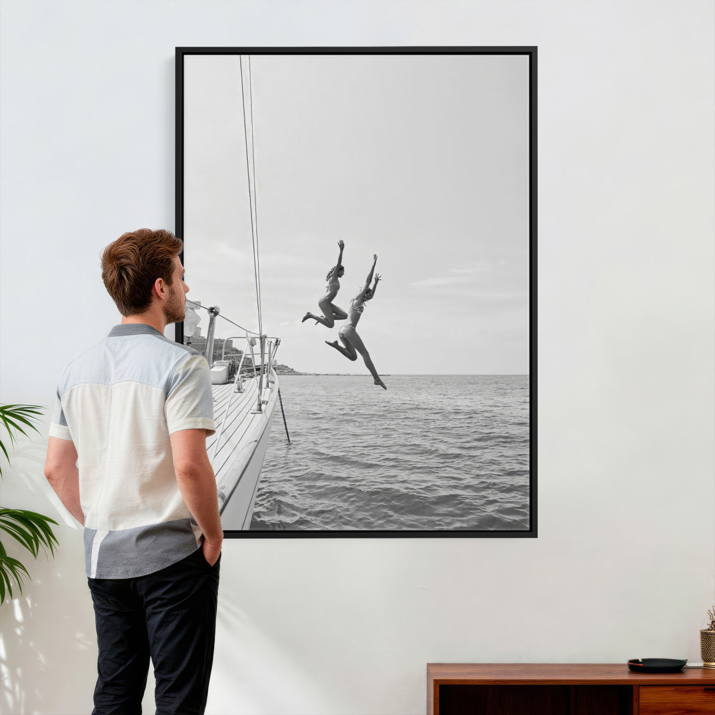 74555508-MGV-CV-24X36 - Ocean Dive Wall Art – Summer Splash Canvas Print, Waves & Sea Adventure, Black & White for Living Room or Vacation Home Decor