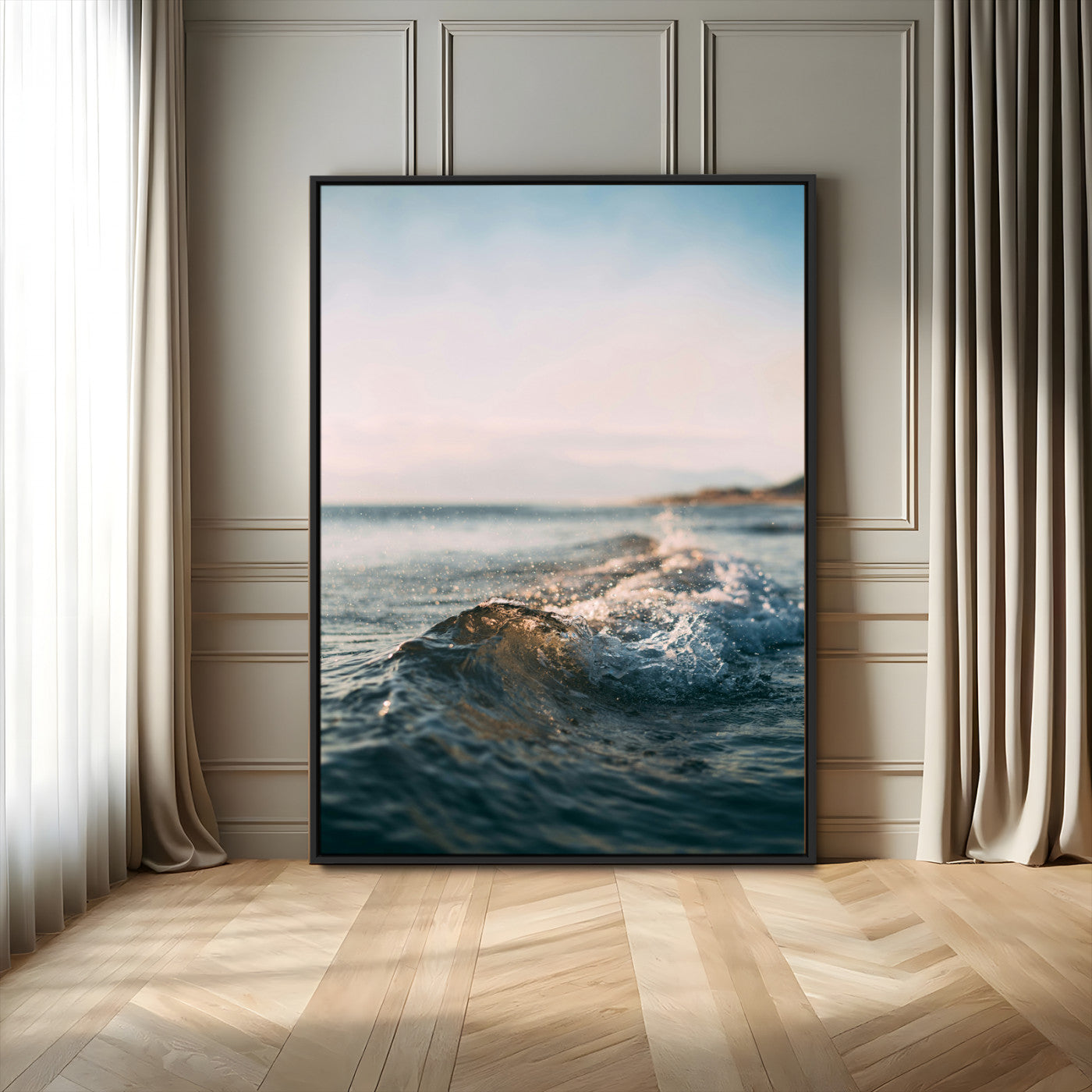 65283502-MGV-FC-24X36_Black-Ocean Waves Wall Art Canvas Print – Framed Coastal Serenity Golden Hour Modern Nature Scene Artwork for Home Office