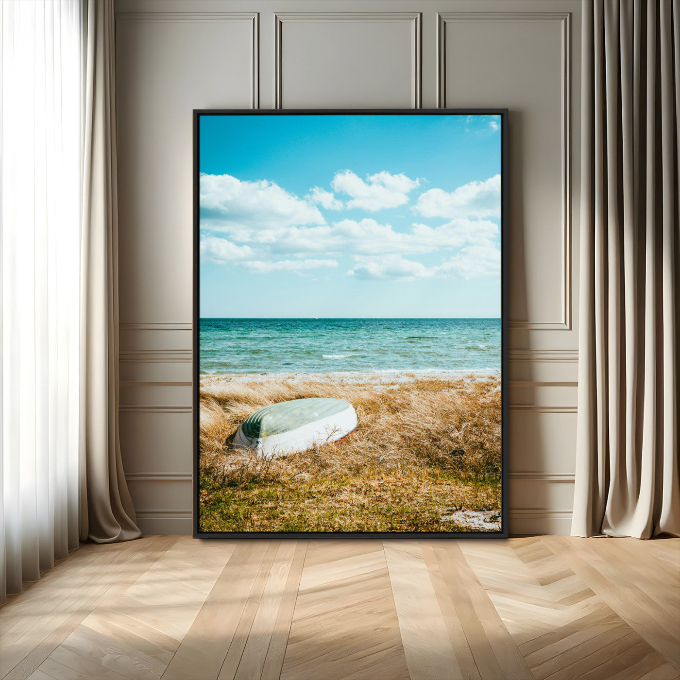 21725303-MGV-FC-24X36_Black-Coastal Serenity Wall Art Canvas Print – Framed Ocean View Rustic Boat Nautical Scene Artwork for Home Office