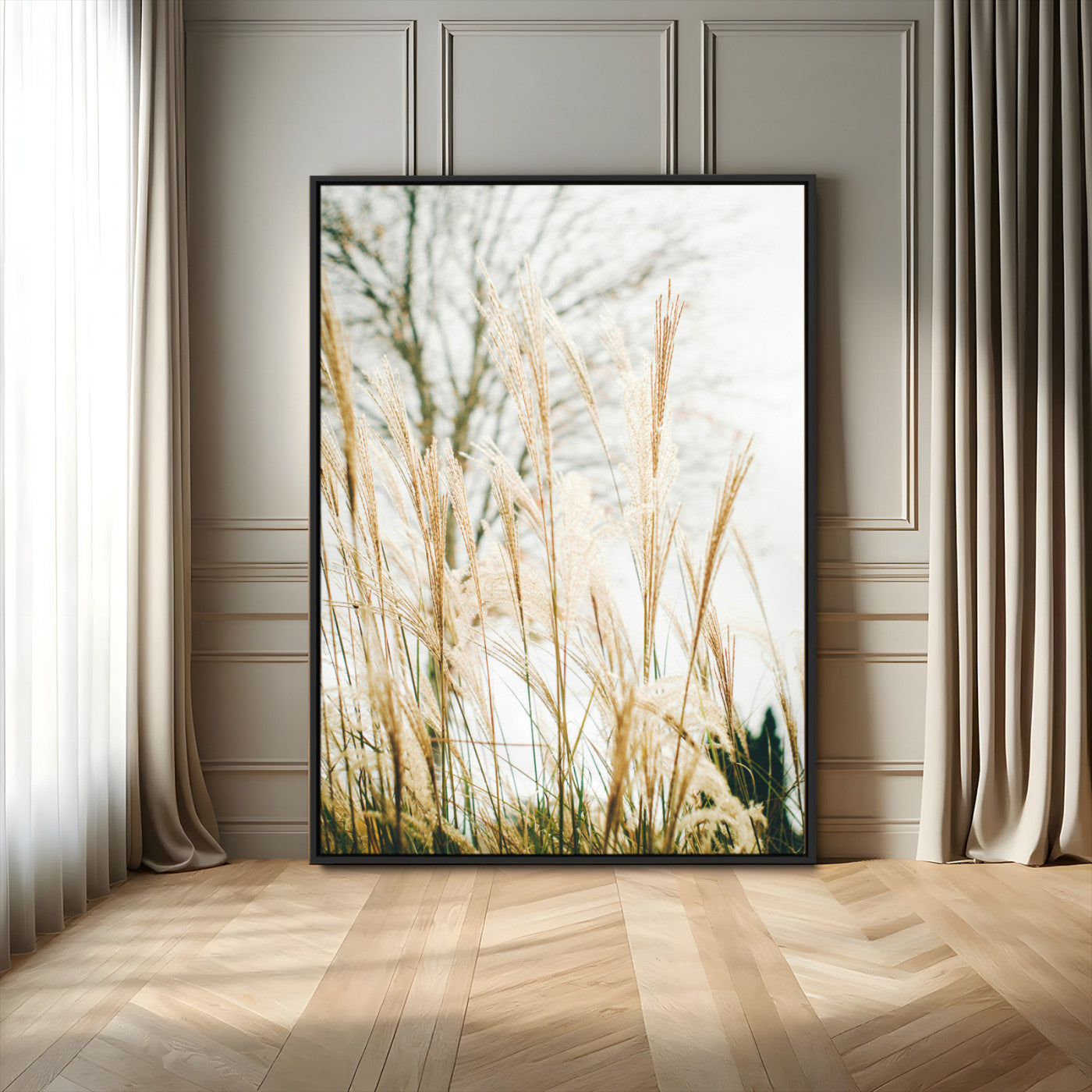17571705-MGV-FC-24X36_Black-Pampas Grass Wall Art Canvas Print – Framed Neutral Tones Minimalist Nature Scene Artwork for Home Office
