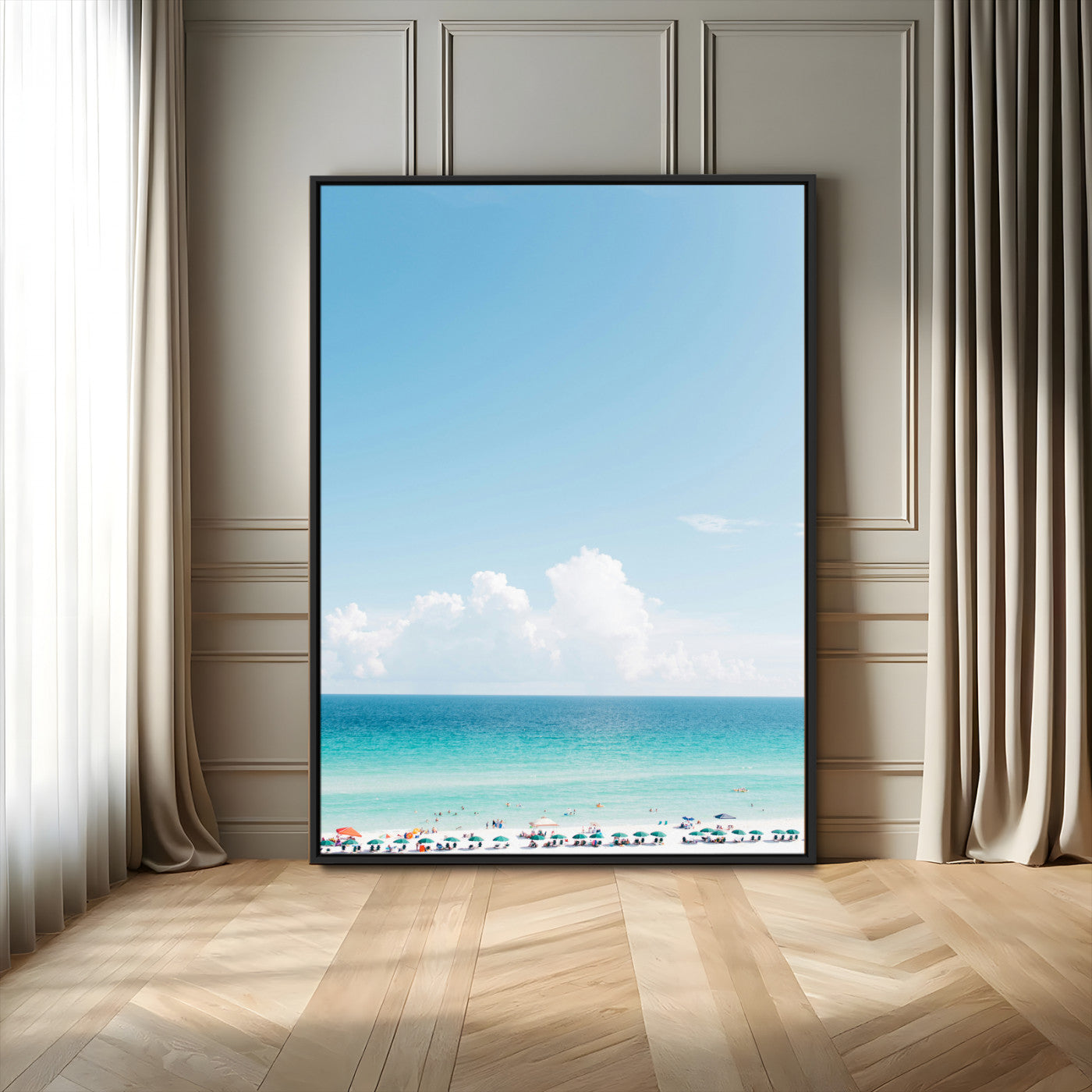 62954953-MGV-FC-24X36_Black-Turquoise Ocean Wall Art Canvas Print – Framed Coastal Serenity White Sand Beach Artwork for Home Office