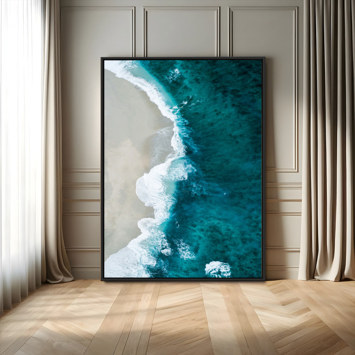 30011717-MGV-FC-24X36_Black-Aerial Ocean View Wall Art Canvas Print – Framed Coastal Serenity Turquoise Waves Artwork for Home Office