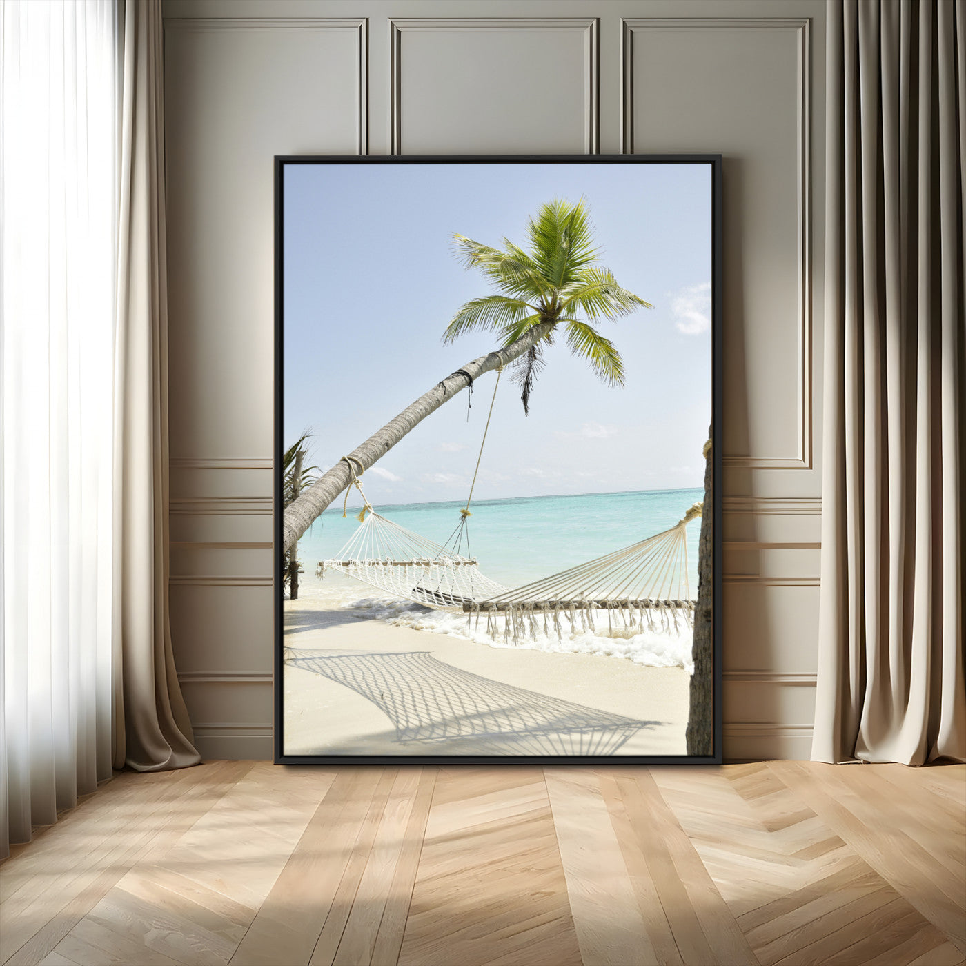 39927211-MGV-FC-24X36_Black-Beach Hammock Wall Art Canvas Print – Framed Tropical Paradise Coastal Serenity Artwork for Home Office