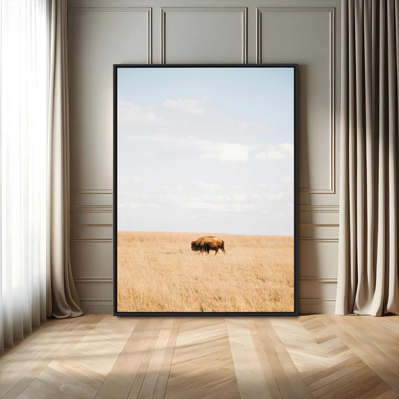 96766166-MGV-FC-24X36_Black-Minimalist Nature Wall Art Canvas Print – Framed Bison Grassland Open Field Nature Scene Artwork for Home Office