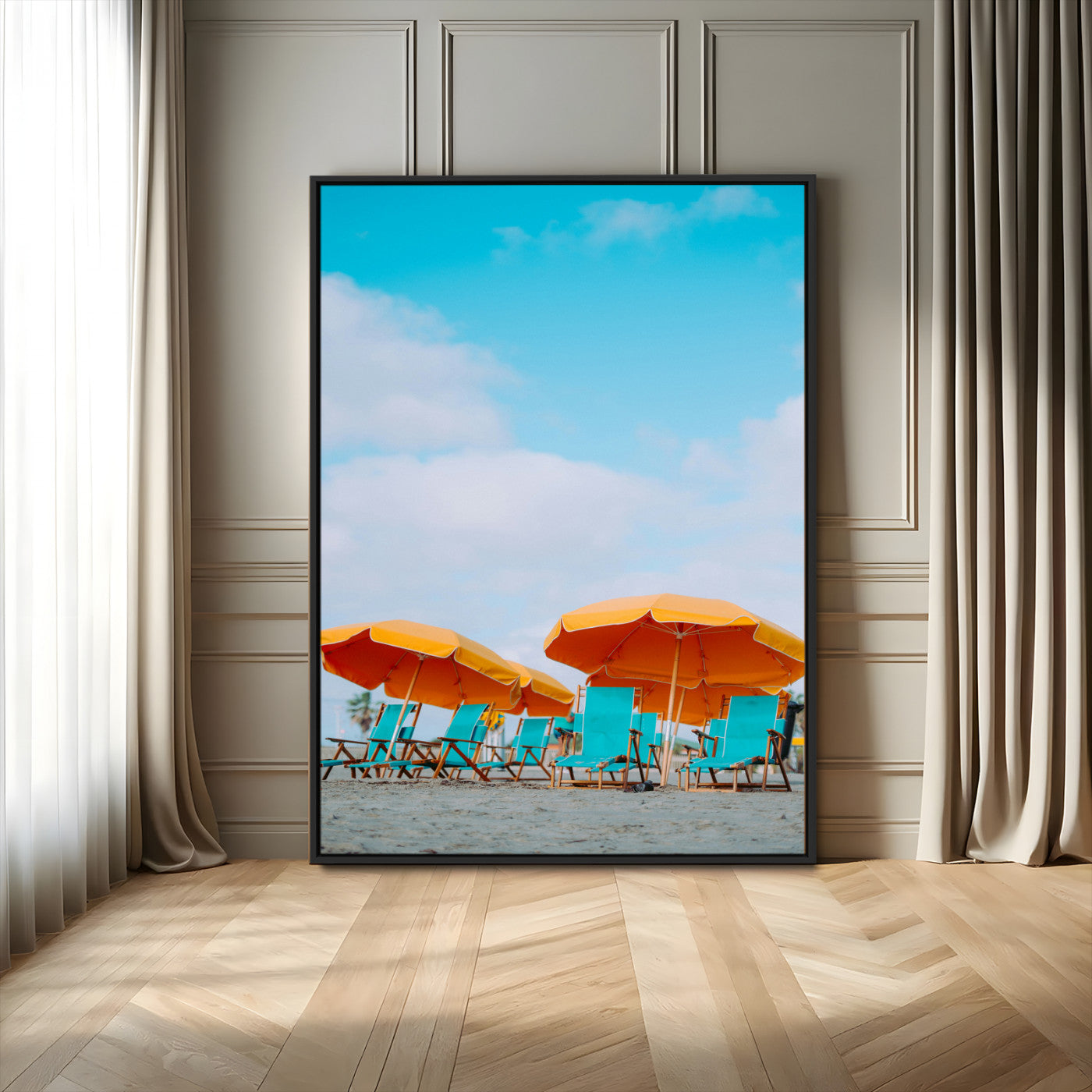 20422711-MGV-FC-24X36_Black-Beach Umbrellas Wall Art Canvas Print – Framed Tropical Coastal Paradise Nature Scene Artwork for Home Office