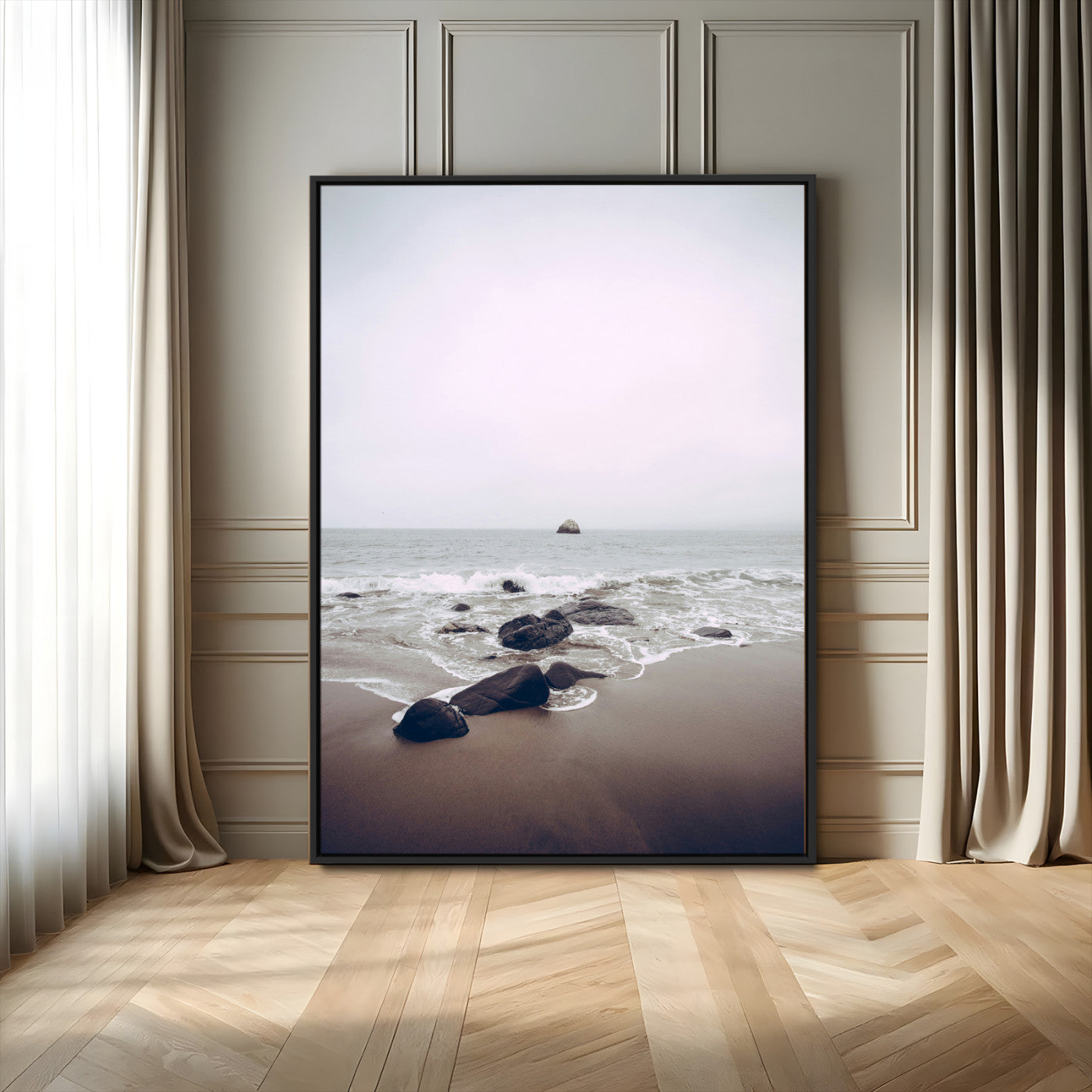 38272740-MGV-FC-24X36_Black-Moody Seascape Wall Art Canvas Print – Framed Neutral Foggy Ocean Beach Nature Scene Artwork for Home Office