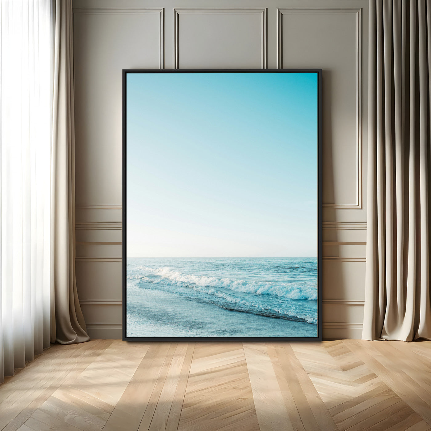 20189712-MGV-FC-24X36_Black-Minimalist Ocean Wall Art Canvas Print – Framed Calm Seascape Soft Blue Tones Nature Scene Artwork for Home Office