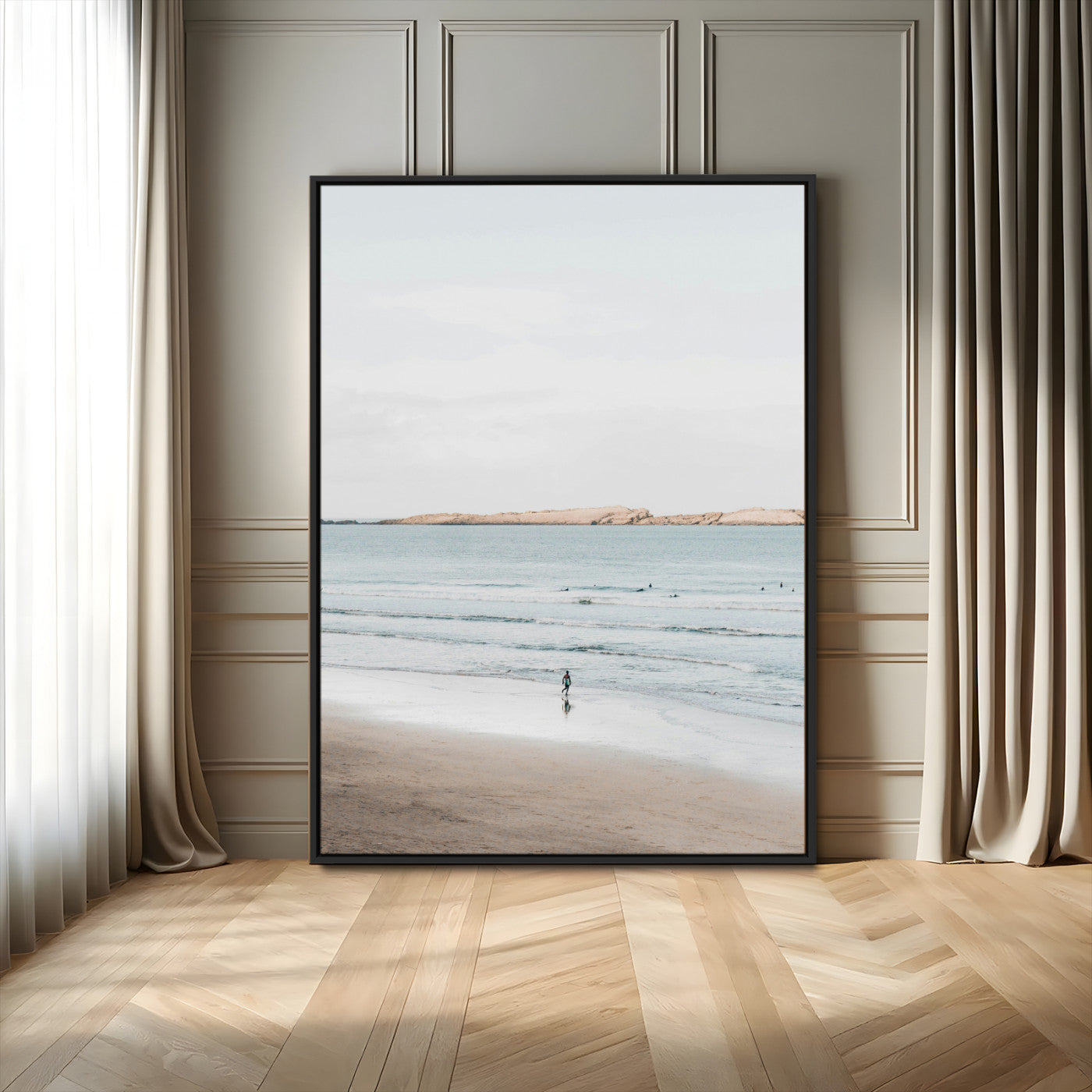66350373-MGV-FC-24X36_Black-Minimalist Beach Wall Art Canvas Print – Framed Soft Blue Tones Tranquil Ocean Coastal Minimalist Artwork for Home, Office