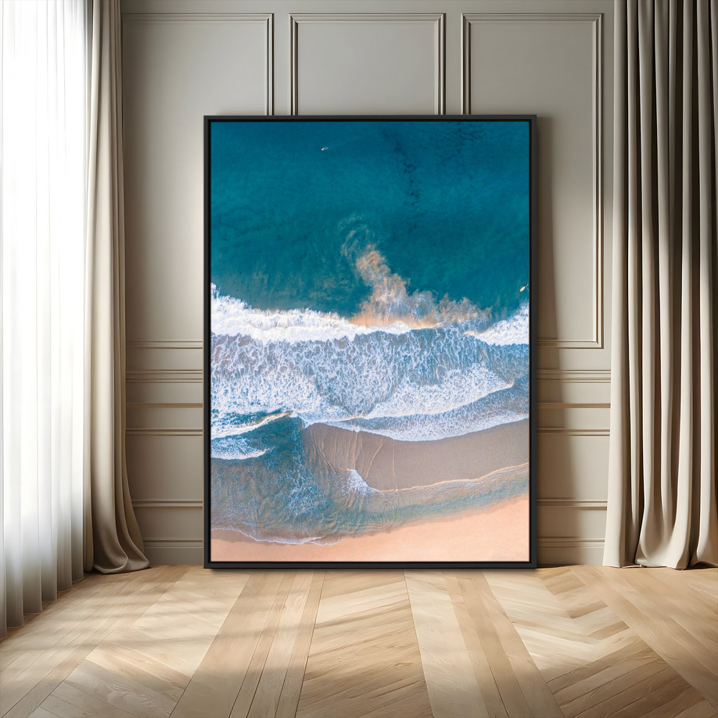 97740681-MGV-FC-24X36_Black-Aerial Beach View Wall Art Canvas Print – Framed Ocean Waves Coastal Serenity Minimalist Seascape Artwork for Home, Office