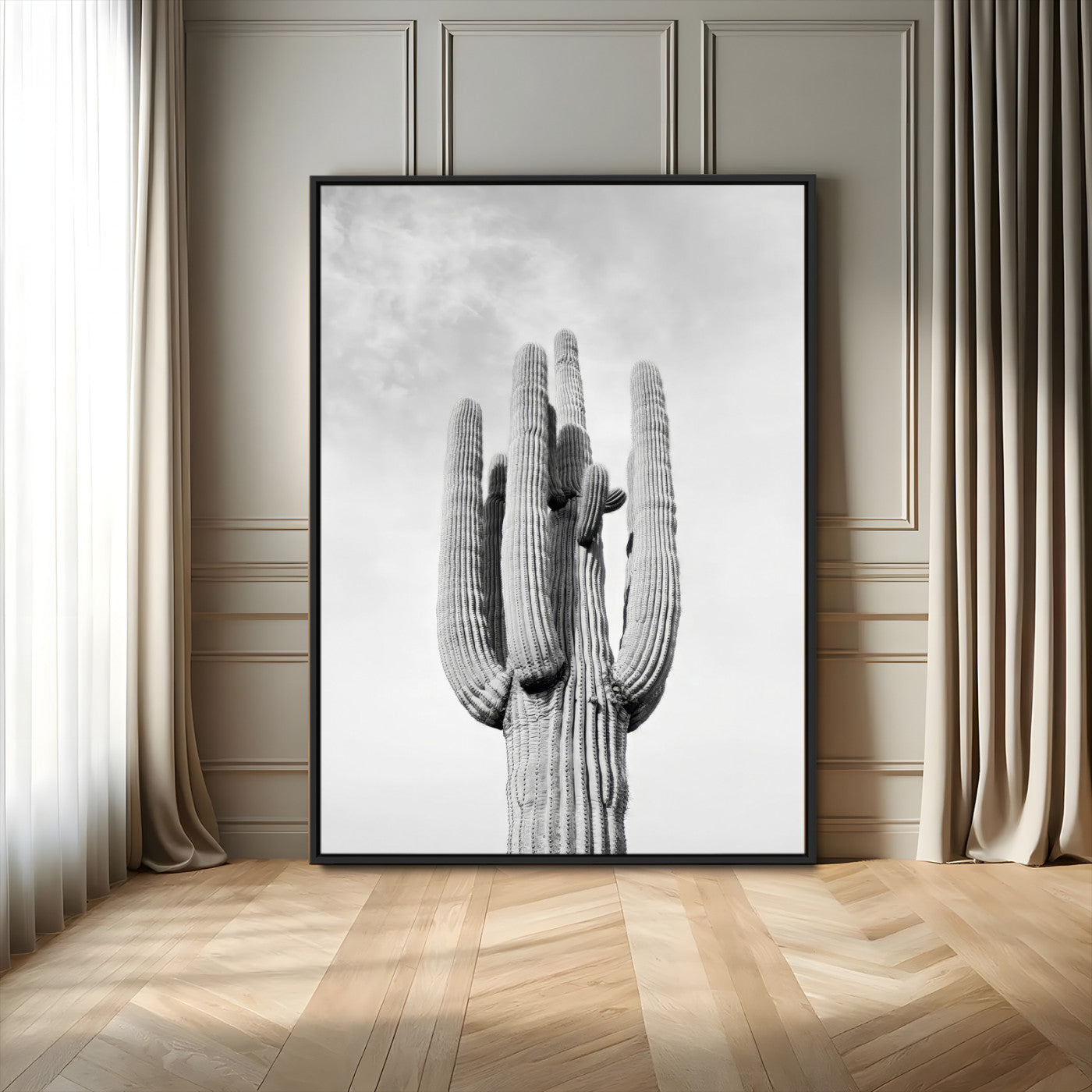 96094346-MGV-FC-24X36_Black-Saguaro Cactus Wall Art – Black and White Desert Landscape Canvas Print, Modern Minimalist Nature Decor for Home, Office