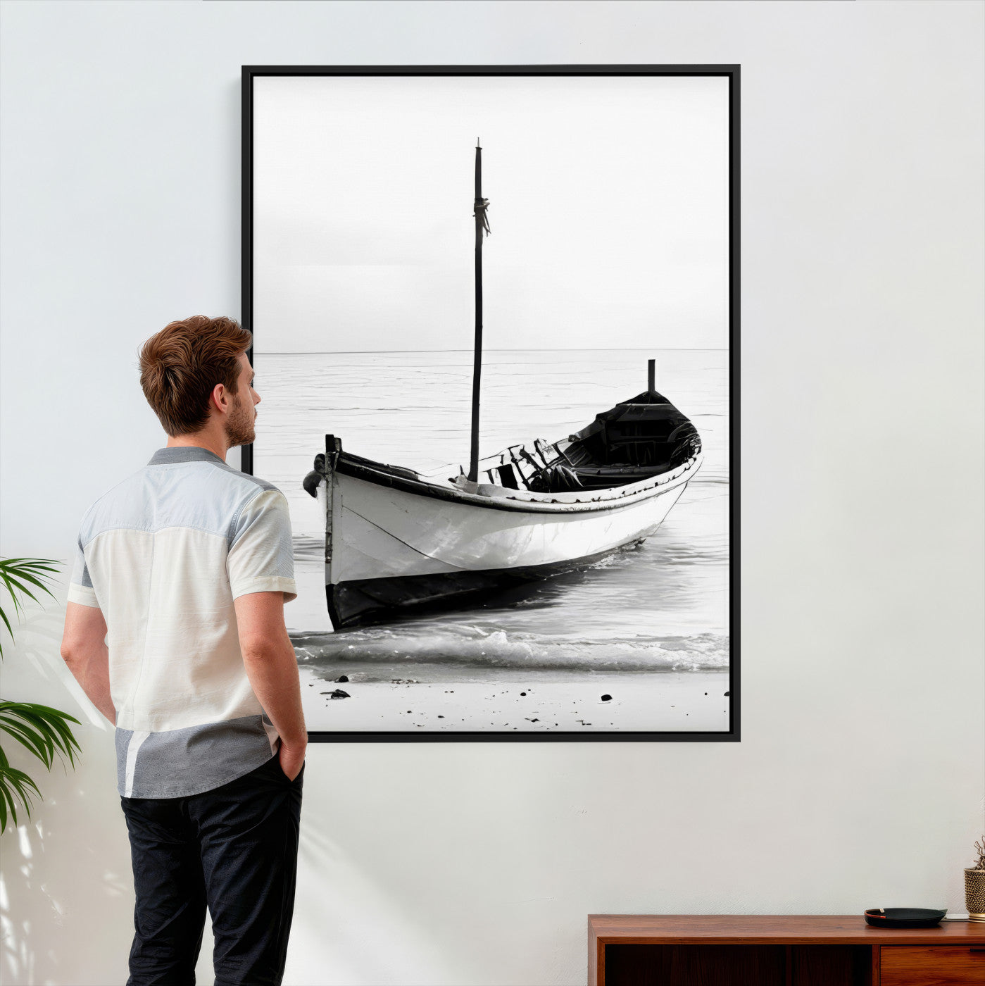 13080776-MGV-CV-24X36 - Minimal Boat Wall Art Canvas Print – Black and White Coastal Photography Artwork Print for Living Room, Bedroom, and Office Decor