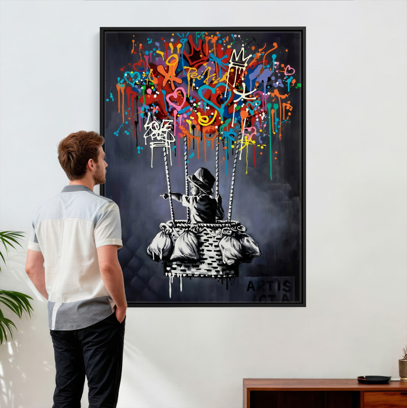 87352999-MGV-CV-24X36 - Banksy Inspired Boy Swing Wall Art Canvas Print, Graffiti Balloon Hearts Street Art, Colorful Urban Mural Artwork for Modern Living Room Decor
