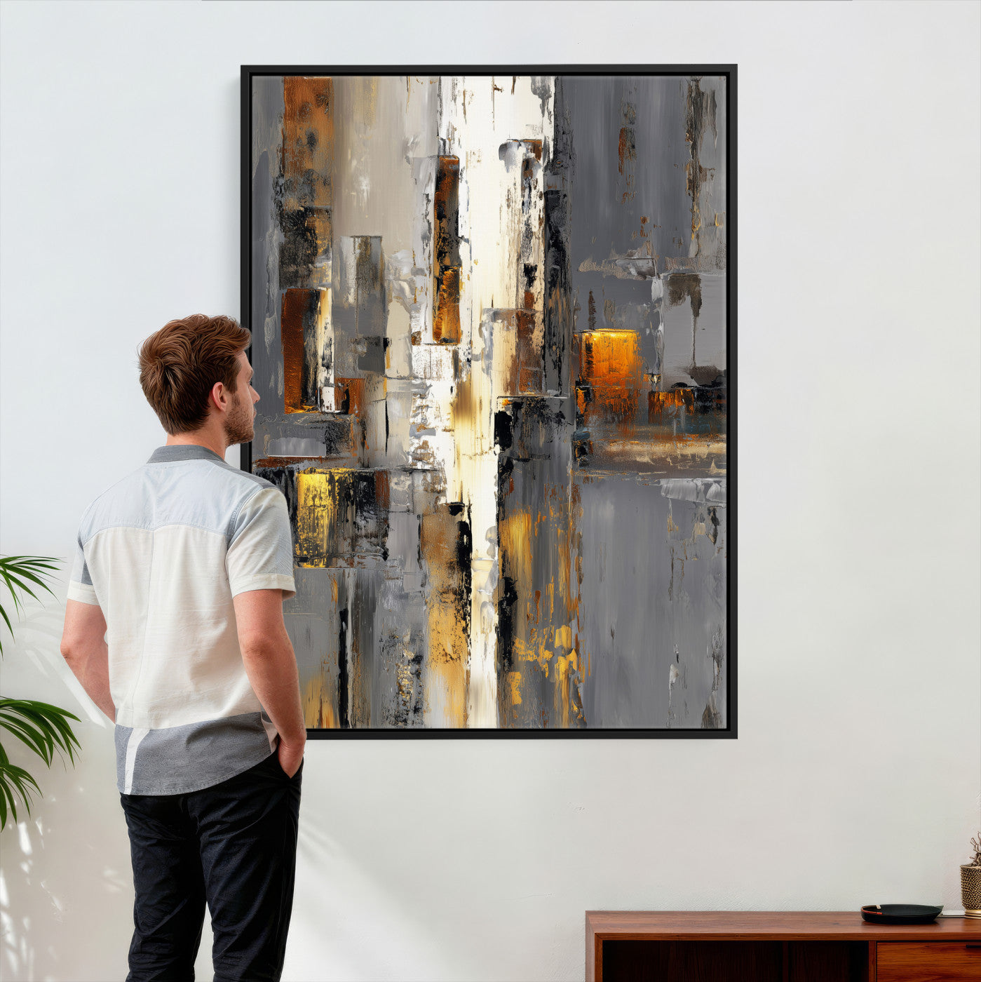 35992080-MGV-CV-24X36 - Abstract Urban Reflection Wall Art Canvas Print, Gold Black Modern Architecture Canvas Print, Contemporary Moody City Artwork for Living Room Decor