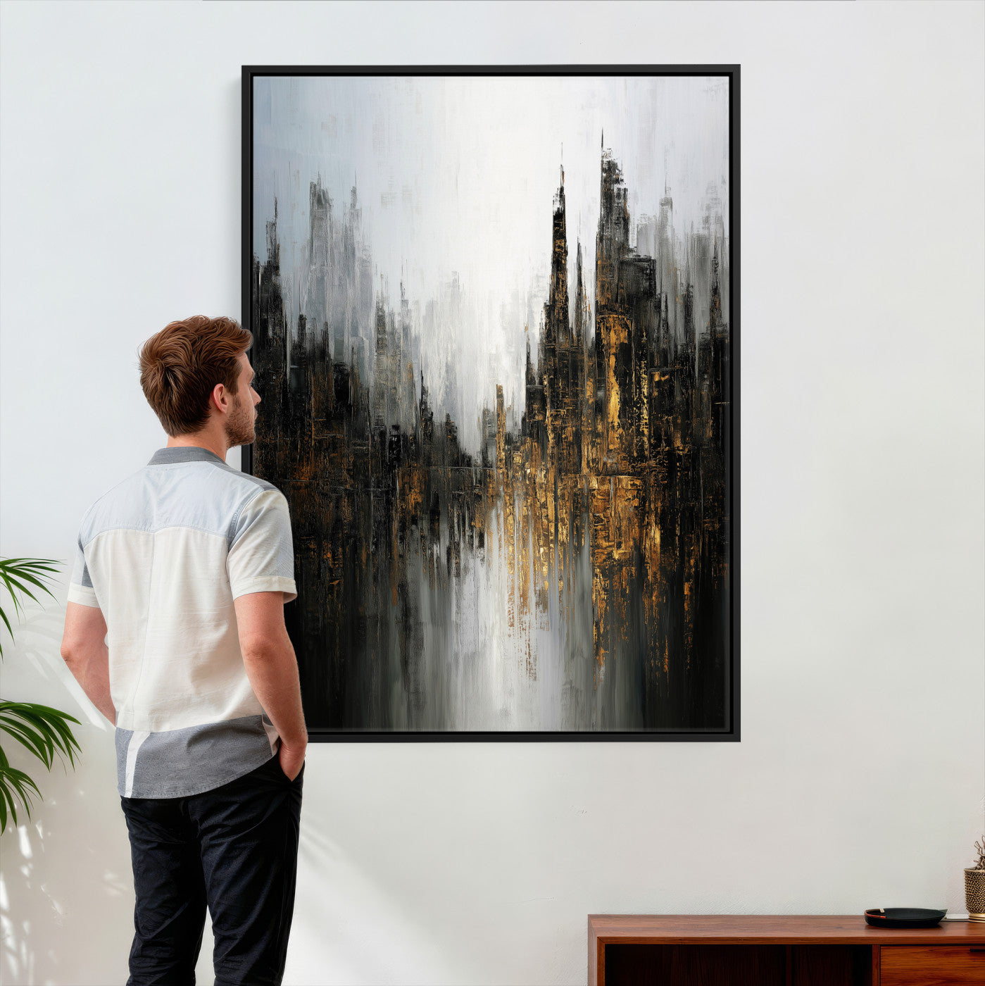 39629486-MGV-CV-24X36 - Abstract Urban Reflection Wall Art Canvas Print, Gold Black Modern Architecture Canvas Print, Contemporary Moody City Artwork for Living Room Decor