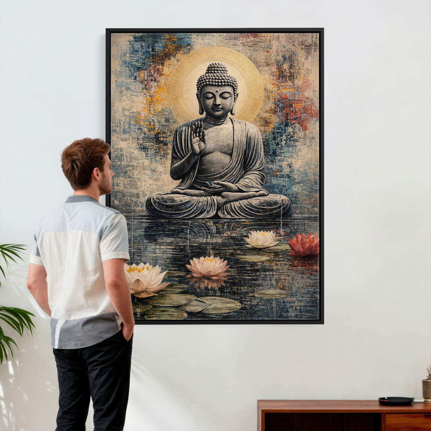 3812625445543-MGV-CV-24X36 - Serene Buddha with Lotus Flowers | Tranquil Meditation Art | Zen Wall Decor for Mindful Living Spaces | Spiritual Canvas Print