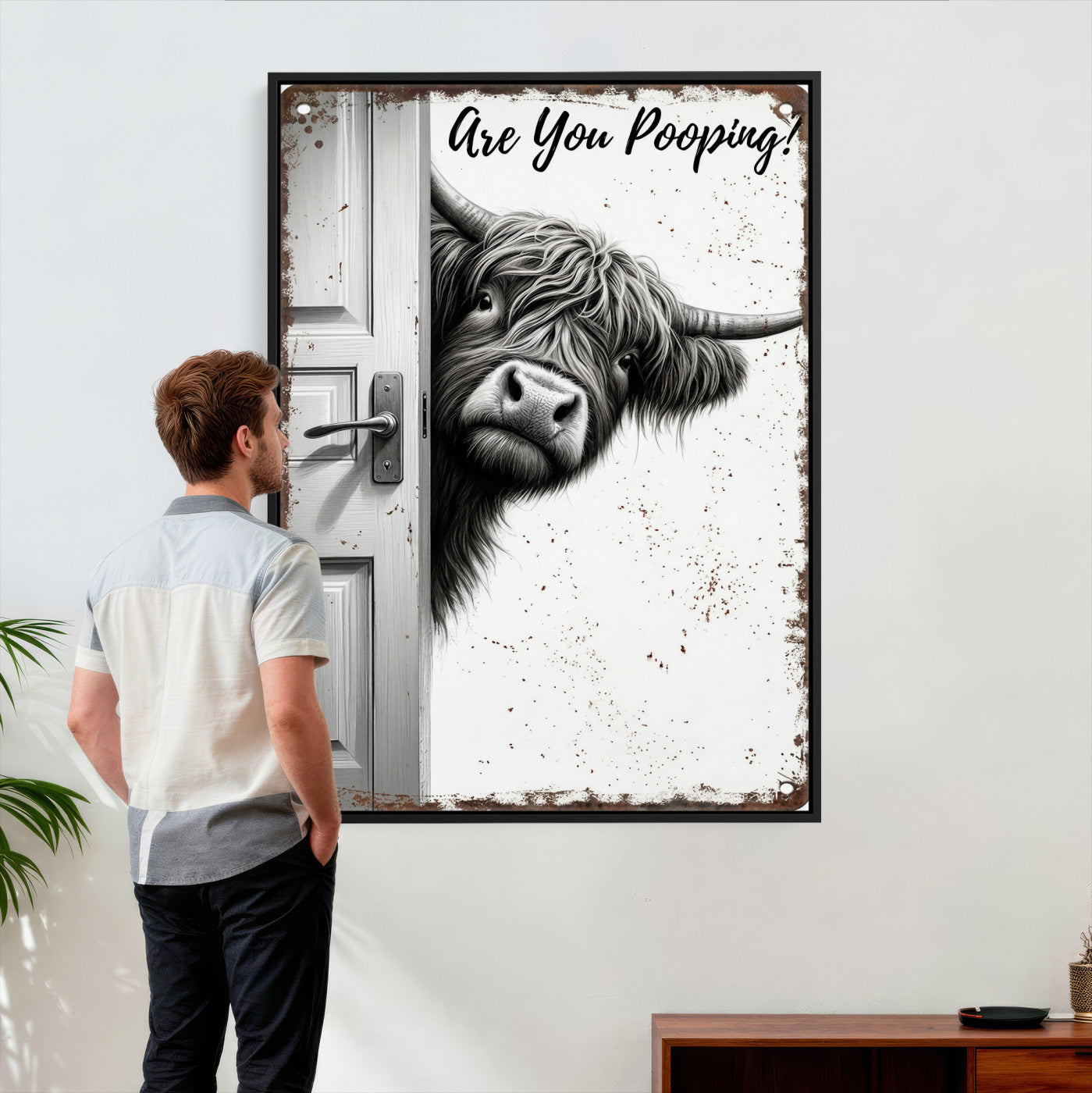8151788G6-MGV-CV-24X36 - Funny Highland Cow Bathroom Wall Art Canvas Print, Are You Pooping Cow Sign, Rustic Farmhouse Bathroom Decor