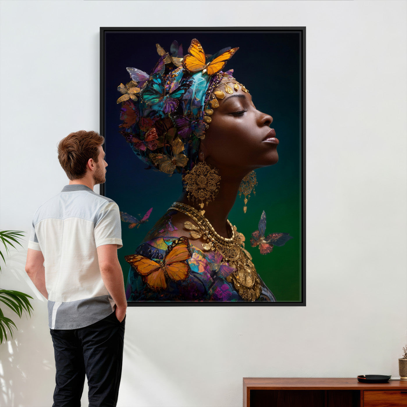620930SZC0-MGV-CV-24X36 - Butterfly Crown Gold Woman Portrait — Monarch Queen Canvas Print | Teal Dark Fantasy Art | Boho Bedroom Wall Decor | Empowerment Gift Her