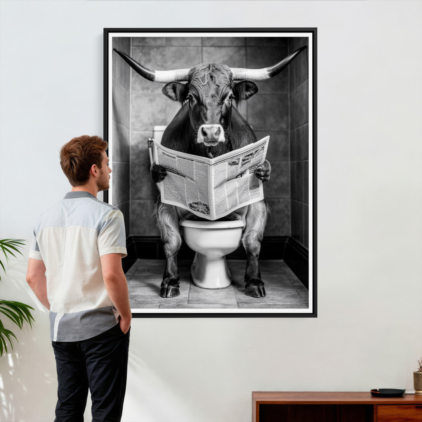 77994492-MGV-CV-24X36 - Texas Longhorn Cow Toilet Paper Canvas Wall Art, Funny Bathroom Black White Print, Cute Animal Humor Decor, Quirky Farmhouse Bathroom Art, Cow Lover Gift