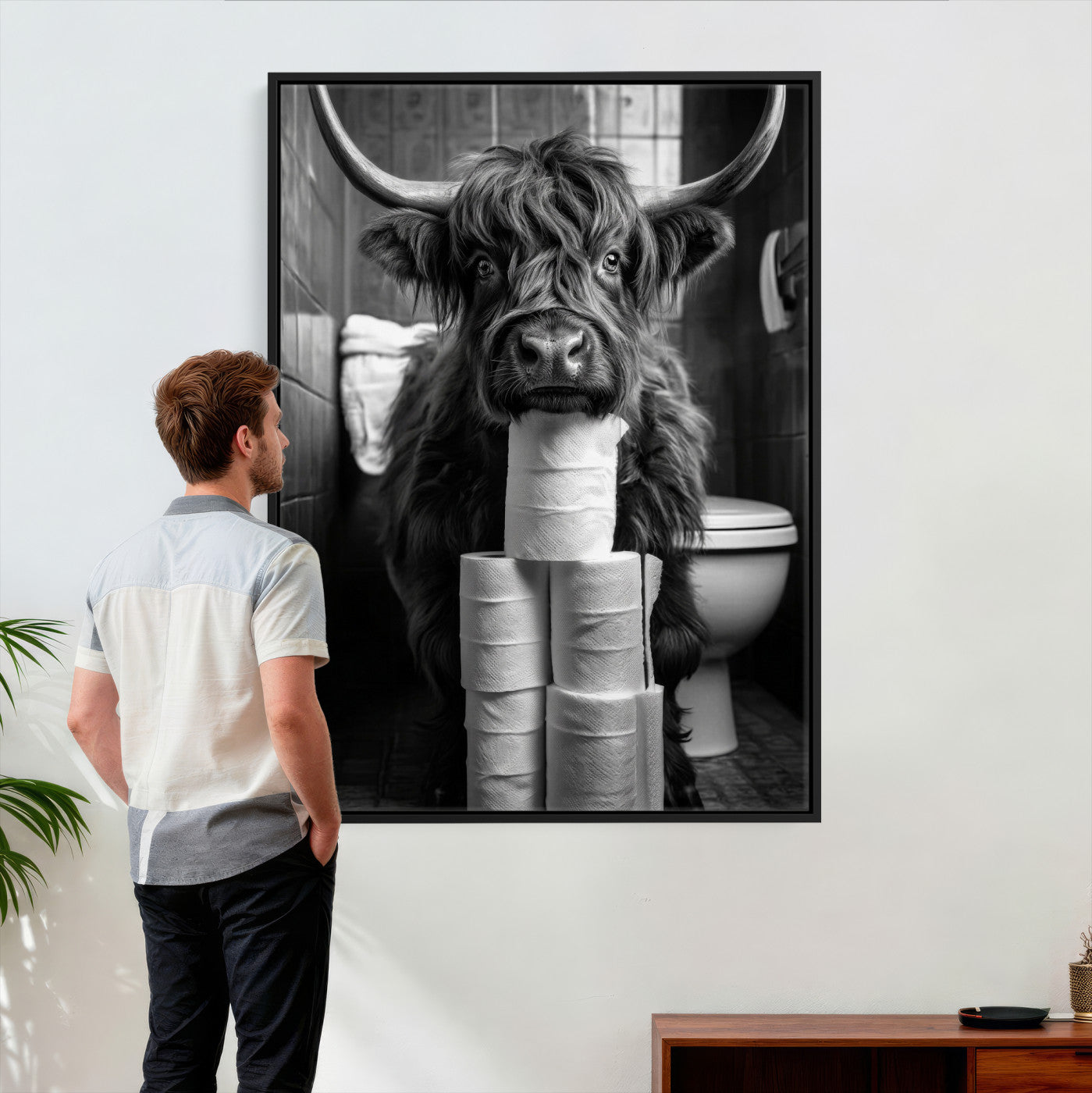 95909209-MGV-CV-24X36 - Highland Cow Toilet Paper Canvas Wall Art, Funny Bathroom Black White Print, Cute Animal Humor Decor, Quirky Farmhouse Bathroom Art, Cow Lover Gift