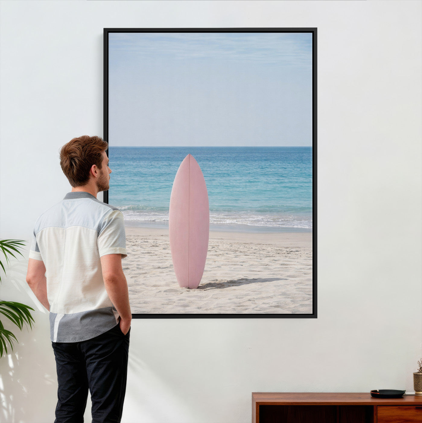 17265103-MGV-CV-24X36 - Pink Surfboard Canvas Wall Art, Minimalist Beach Photography Print, Pastel Ocean Coastal Decor, Girl Beach Room Art, Aesthetic Summer Wall Print