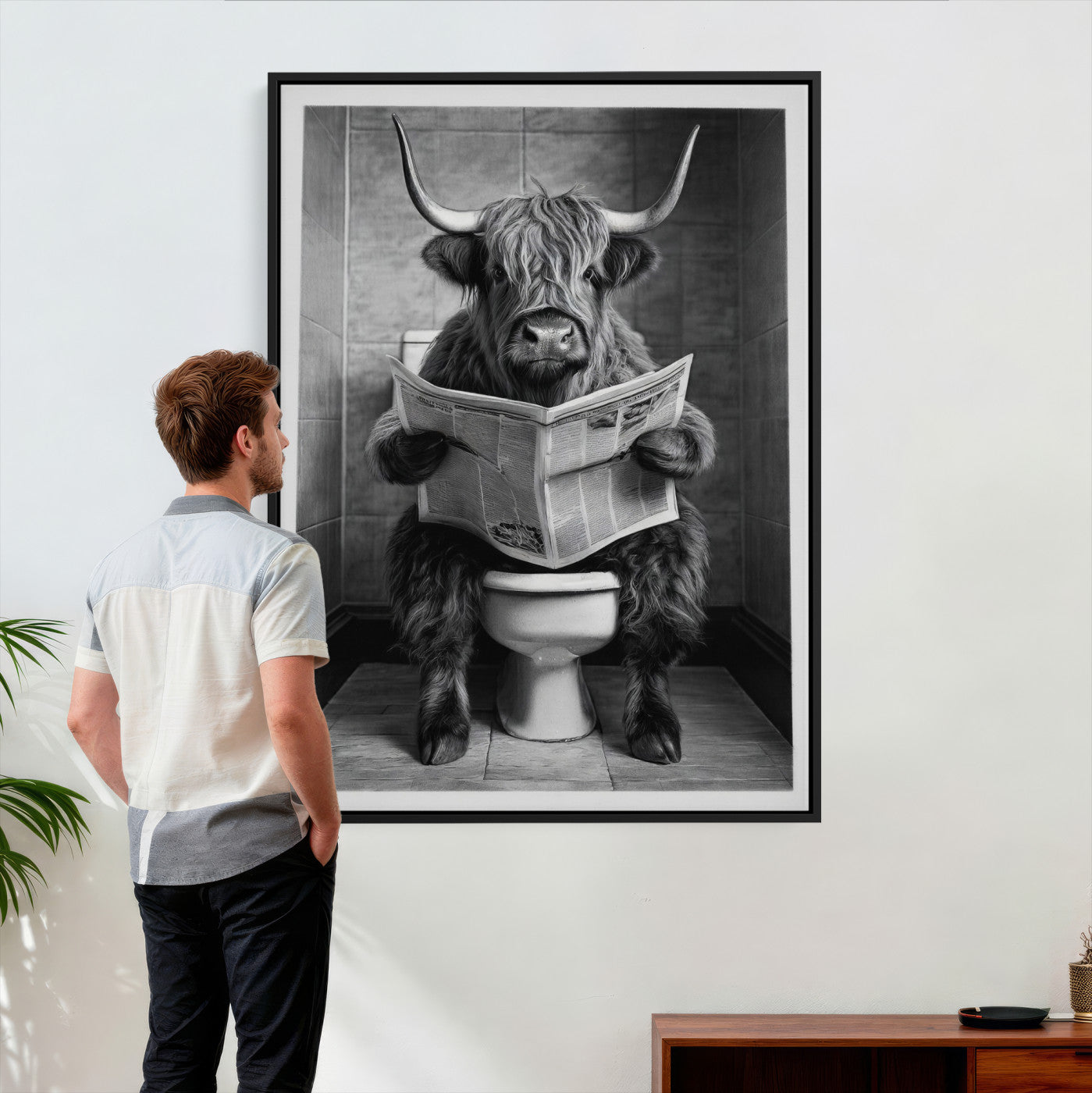 56930218-MGV-CV-24X36 - Funny Bathroom Canvas Wall Art, Texas Longhorn on Toilet Reading Newspaper, Humor Animal Print, Farmhouse Bathroom Decor, Quirky Cow Gift, Toilet Room Art