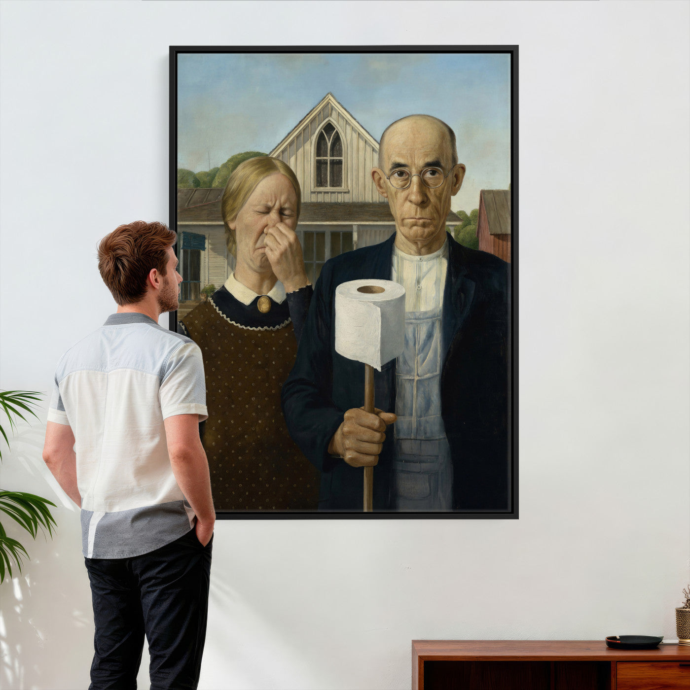 46805085-MGV-CV-24X36 - Funny Bathroom Canvas Wall Art, Grant Wood American Gothic Toilet Paper Parody Print, Humor Bathroom Decor, Classic Art Spoof, Quirky Housewarming Gift