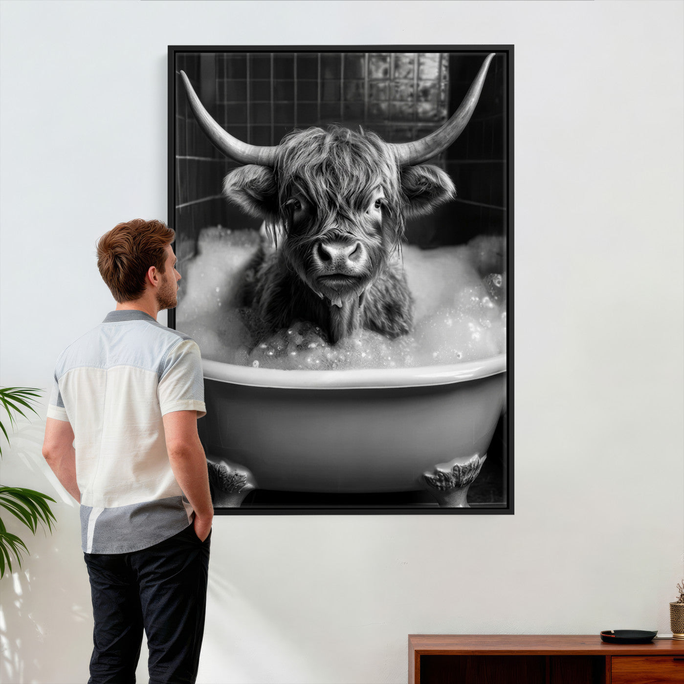 44020264-MGV-CV-24X36 - Highland Cow Bathtub Canvas Wall Art, Funny Bathroom Print Black White, Grumpy Cow Bubble Bath Decor, Animal Bathroom Art, Farmhouse Humor Print, Cute Cow Gift