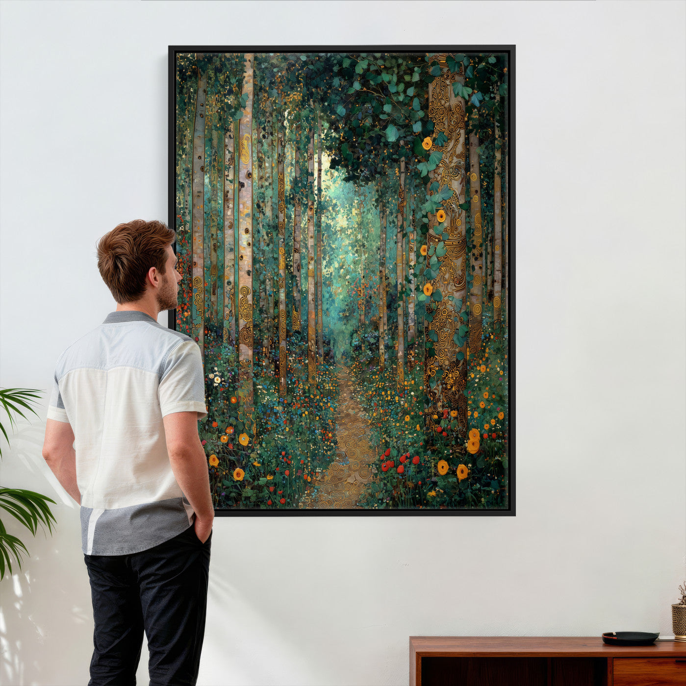 76587981-MGV-CV-24X36 - Gustav Klimt Style Forest Canvas Wall Art, Golden Forest Path Floral Art Nouveau Print, Enchanted Woodland Decor, Maximalist Colorful Nature Art