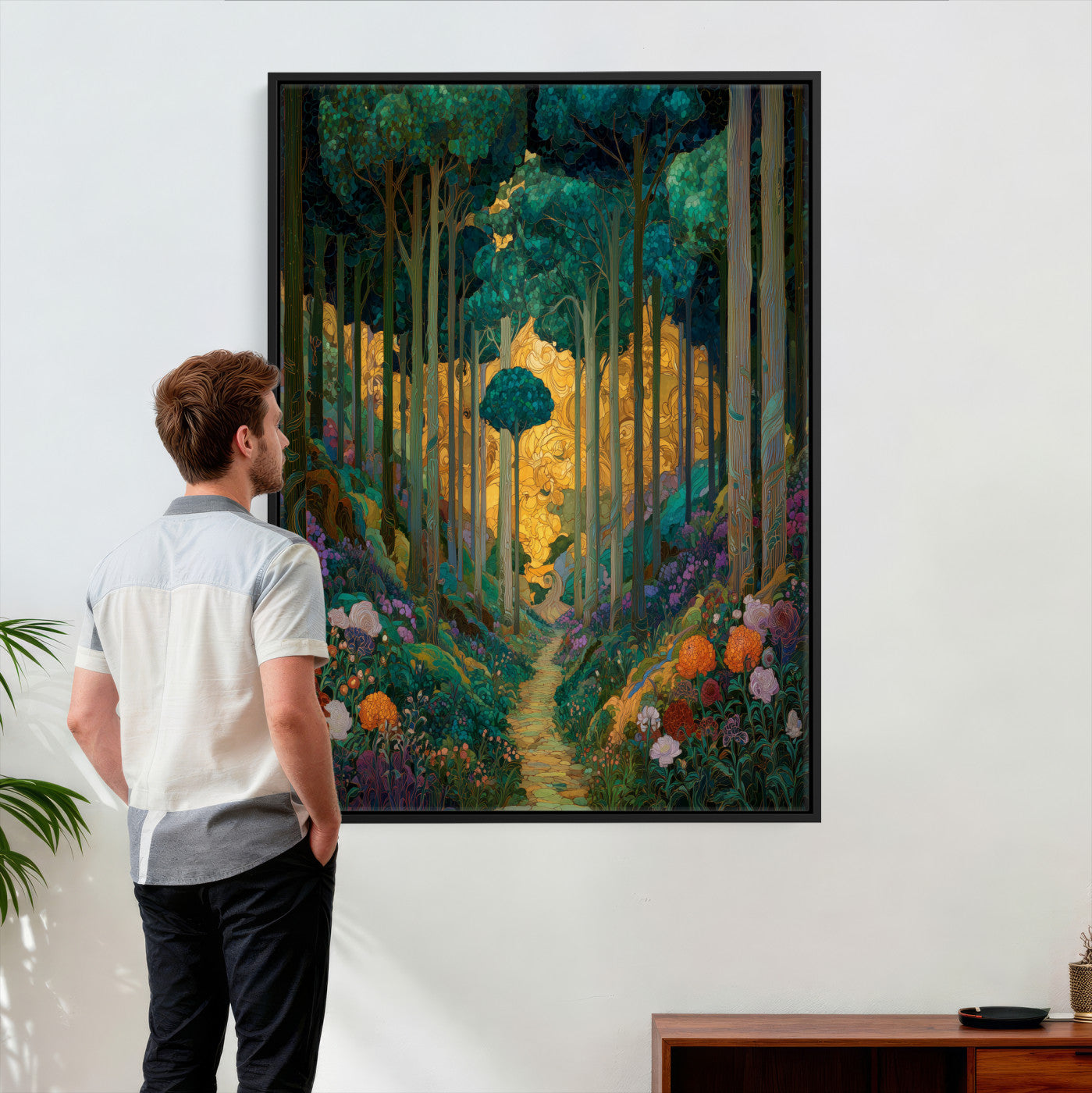 70159913-MGV-CV-24X36 - Gustav Klimt Style Forest Canvas Wall Art, Golden Forest Path Floral Art Nouveau Print, Enchanted Woodland Decor, Maximalist Colorful Nature Art