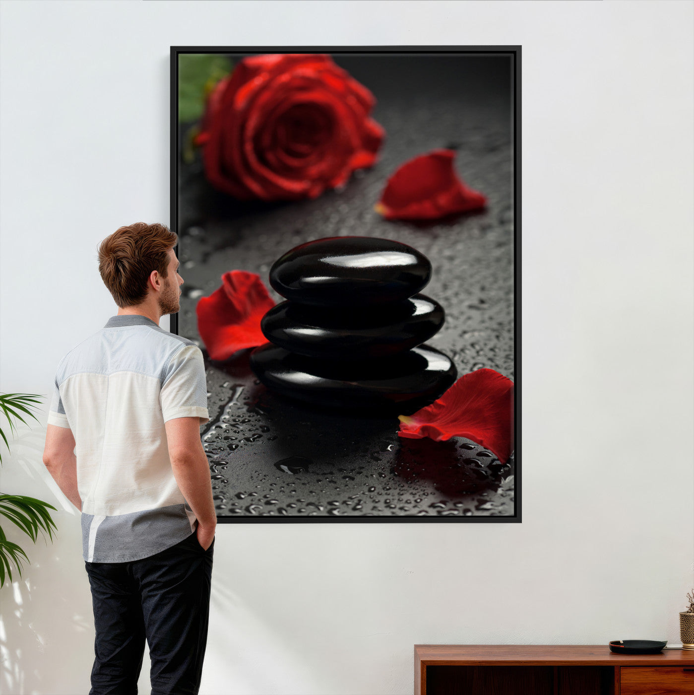 37334763-MGV-CV-24X36 - Black Lava Stone Rose Canvas | Red Rose Spa Photography Print | Stacked Stones Dark Luxury Wall Art | Dramatic Bathroom Decor