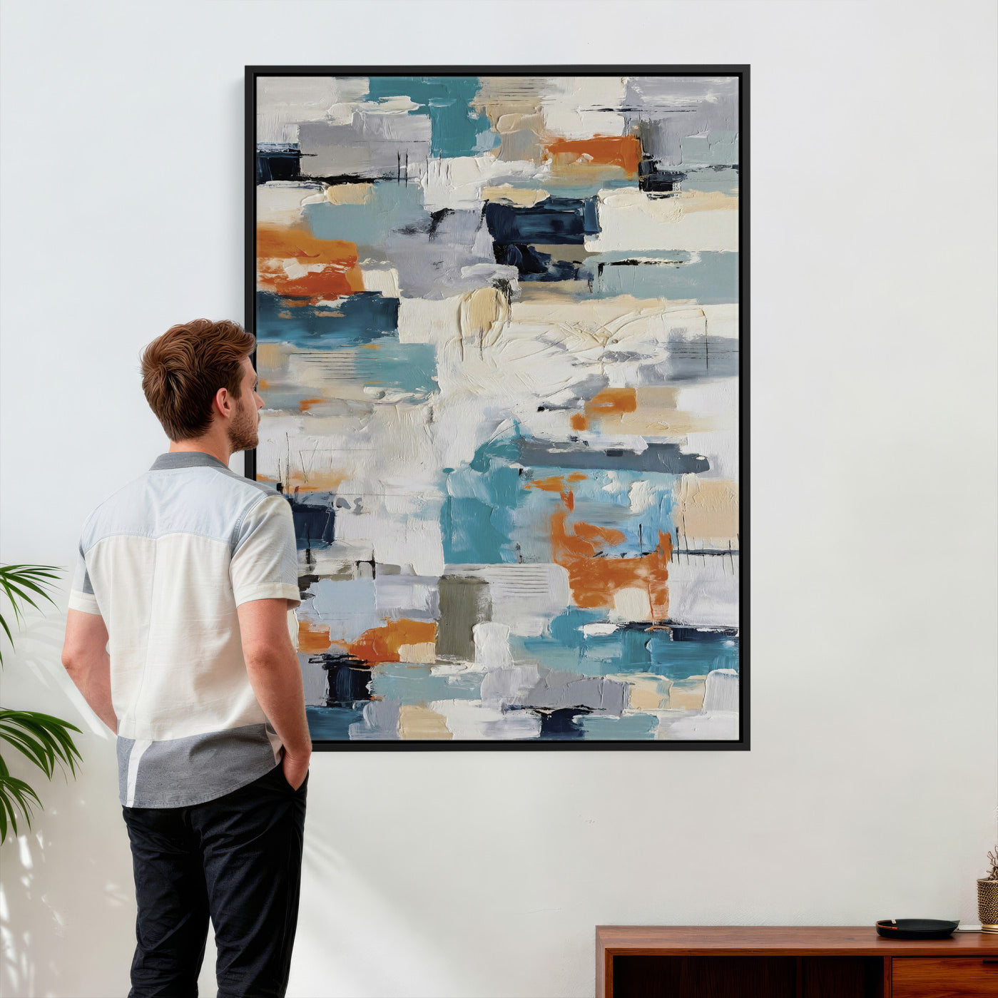 74742966-MGV-CV-24X36 - Blue Teal Abstract Canvas Wall Art, Modern Textured Painting Print, Navy Orange White Contemporary Art, Neutral Living Room Decor, Office Art