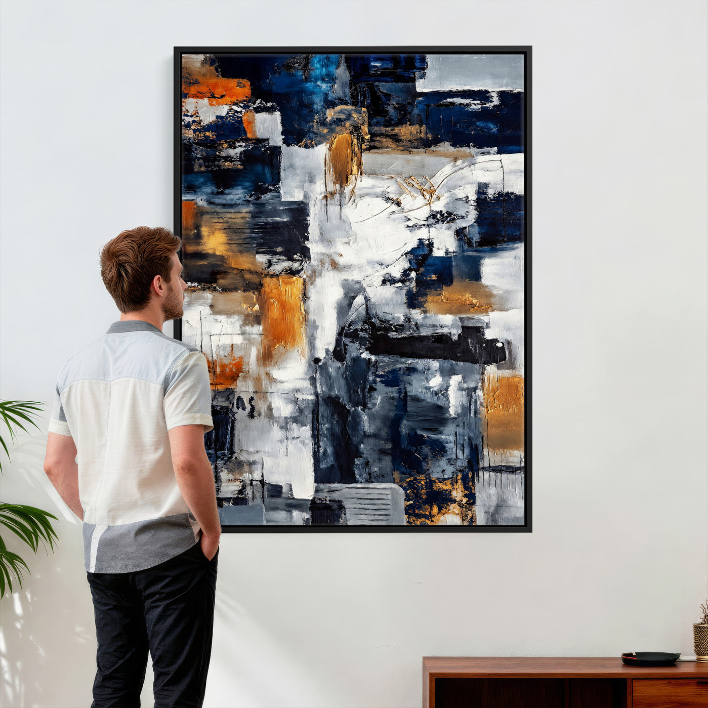 85264820-MGV-CV-24X36 - Blue Teal Abstract Canvas Wall Art, Modern Textured Painting Print, Navy Orange White Contemporary Art, Neutral Living Room Decor, Office Art