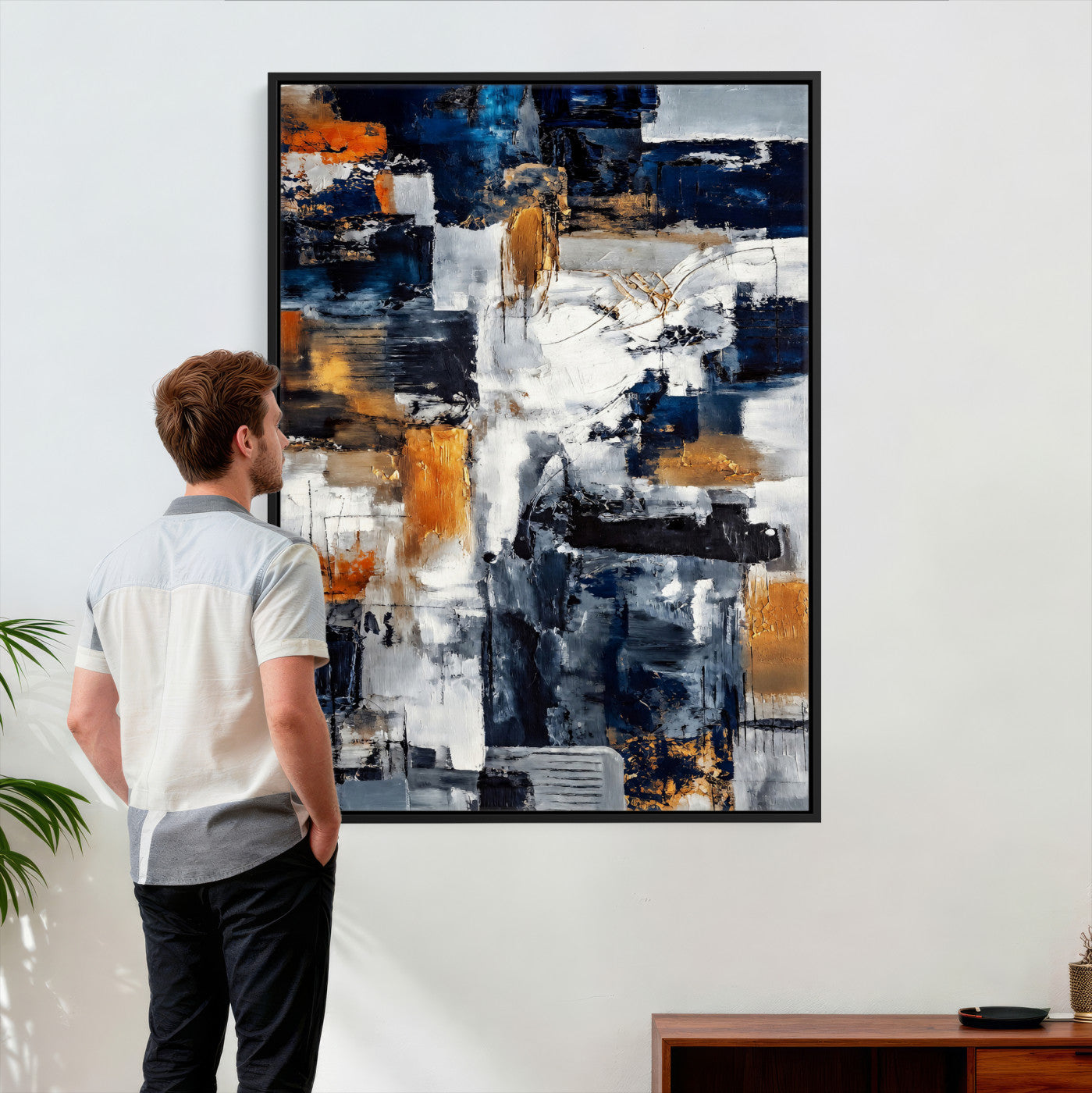 85264820-MGV-CV-24X36 - Blue Teal Abstract Canvas Wall Art - Modern Textured Painting Print, Navy Orange White Contemporary Art, Neutral Living Room Decor, Office Art
