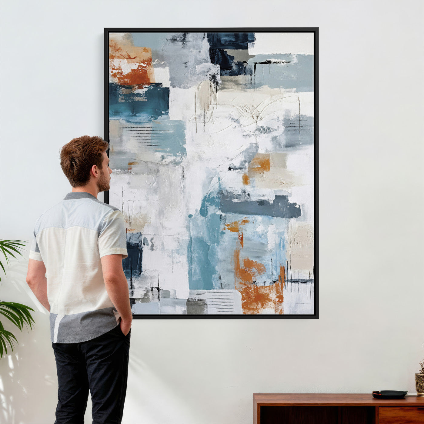 47011485-MGV-CV-24X36 - Blue Teal Abstract Canvas Wall Art, Modern Textured Painting Print, Navy Orange White Contemporary Art, Neutral Living Room Decor, Office Art