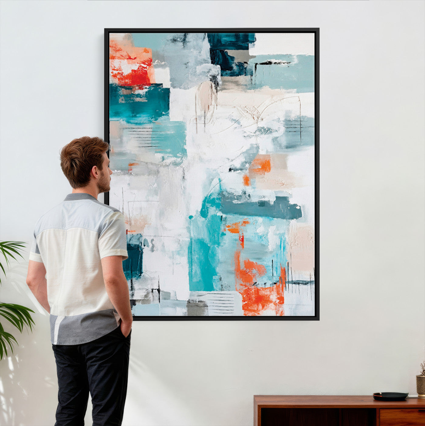 47011485-MGV-CV-24X36 - Blue Teal Abstract Canvas Wall Art, Modern Textured Painting Print, Navy Orange White Contemporary Art, Neutral Living Room Decor, Office Art