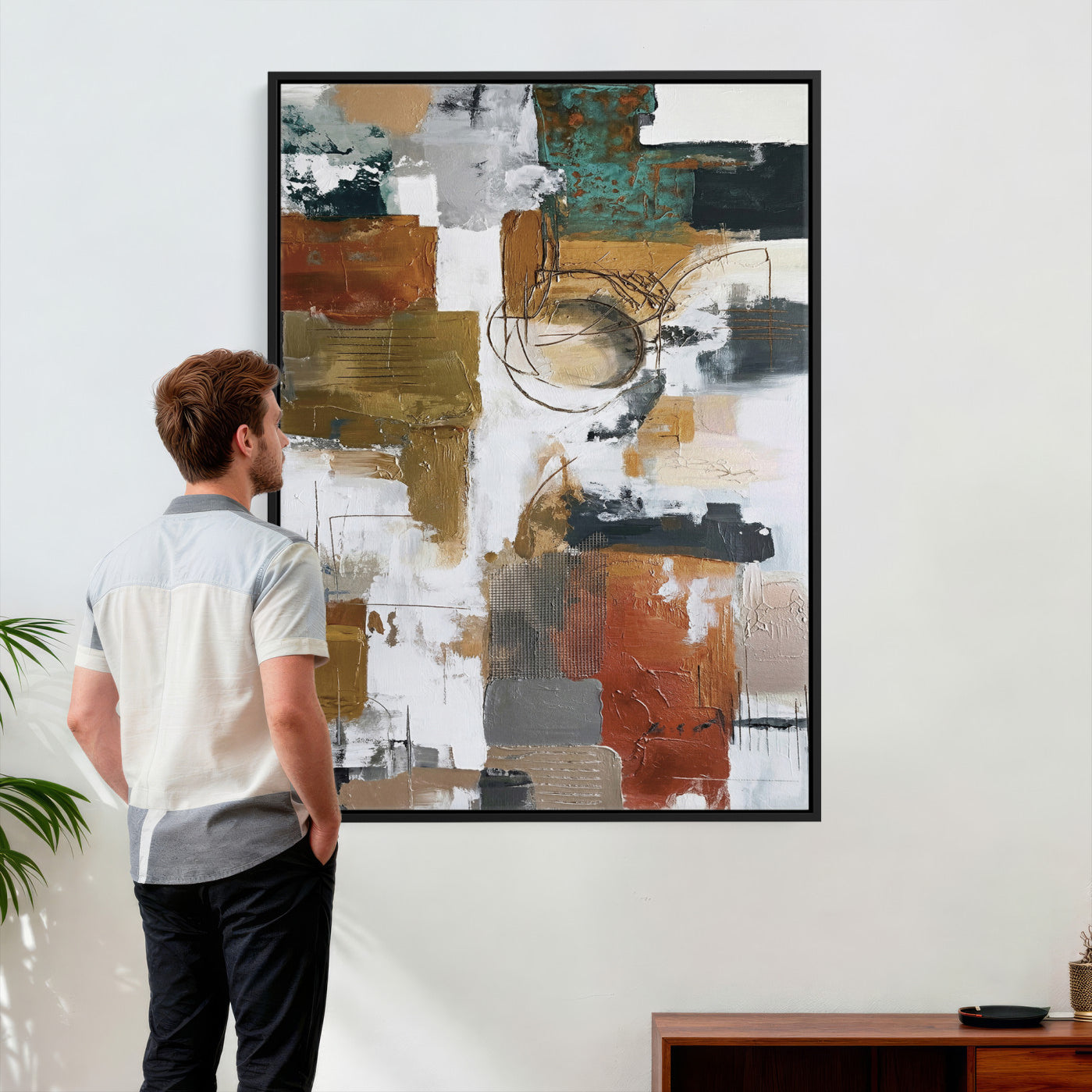 71530836-MGV-CV-24X36 - Blue Teal Abstract Canvas Wall Art, Modern Textured Painting Print, Navy Orange White Contemporary Art, Neutral Living Room Decor, Office Art