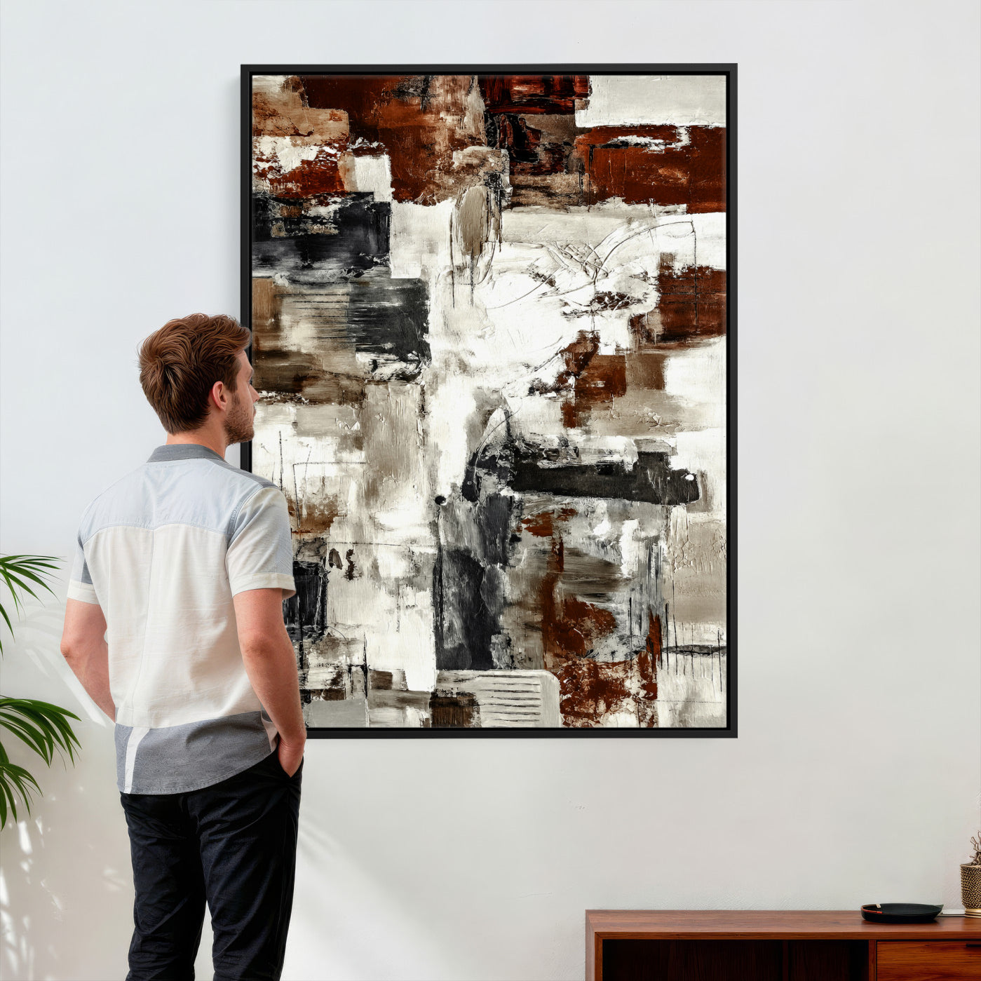 23953633-MGV-CV-24X36 - Blue Teal Abstract Canvas Wall Art, Modern Textured Painting Print, Navy Orange White Contemporary Art, Neutral Living Room Decor, Office Art