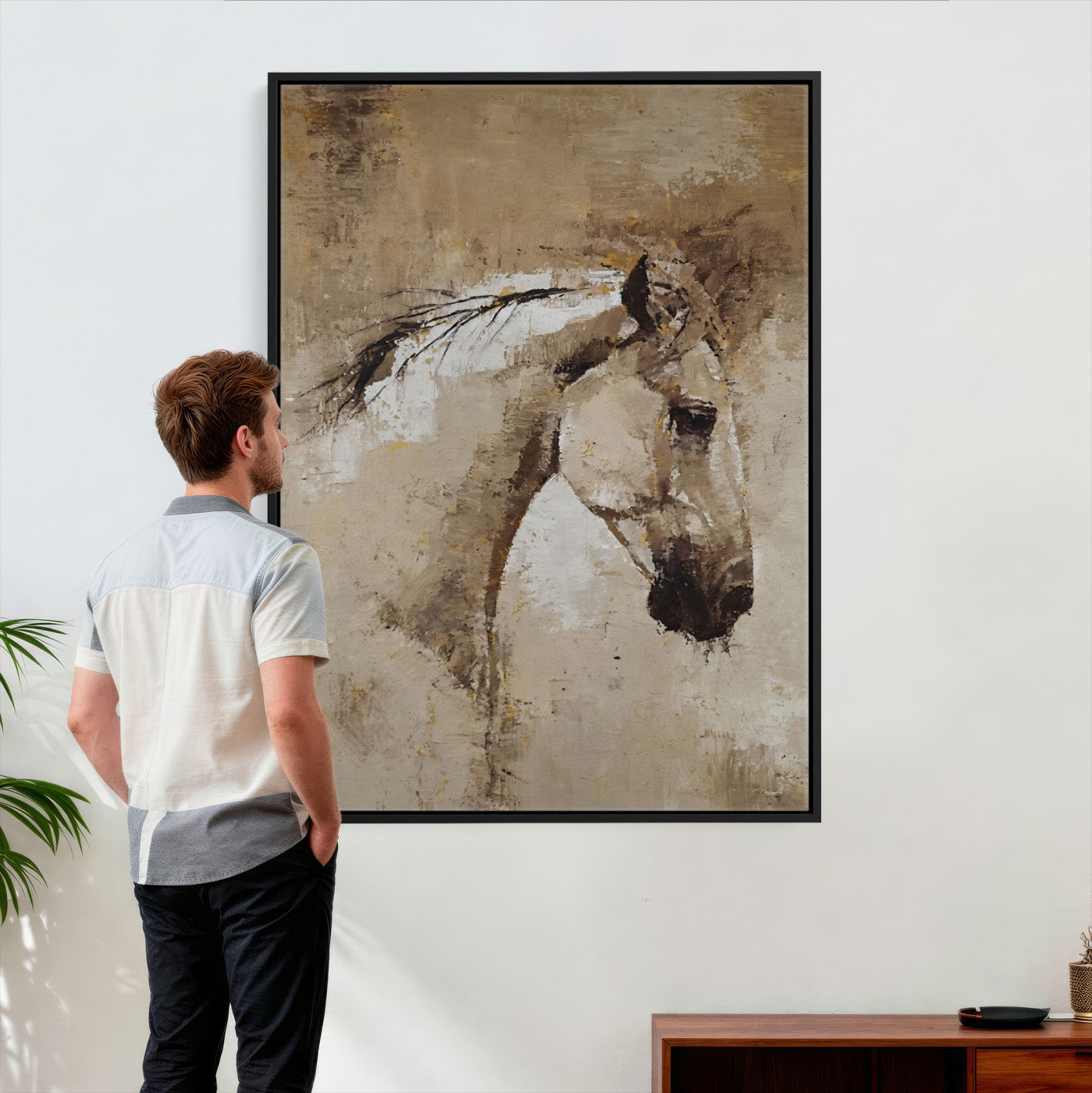 48488295-MGV-CV-24X36 - Rustic Horse Canvas Wall Art Neutral Tone Equestrian Oil Painting Print
