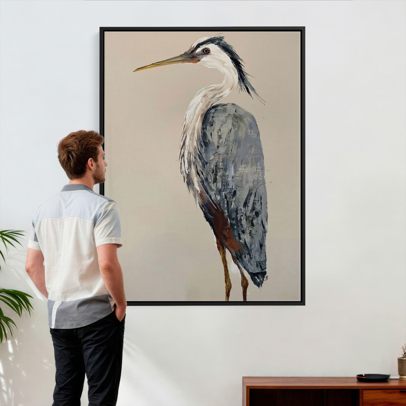 80349996-MGV-TP-24X36 - Great Blue Heron Canvas Wall Art - Coastal Bird Oil Painting Print for Home Wall Decor