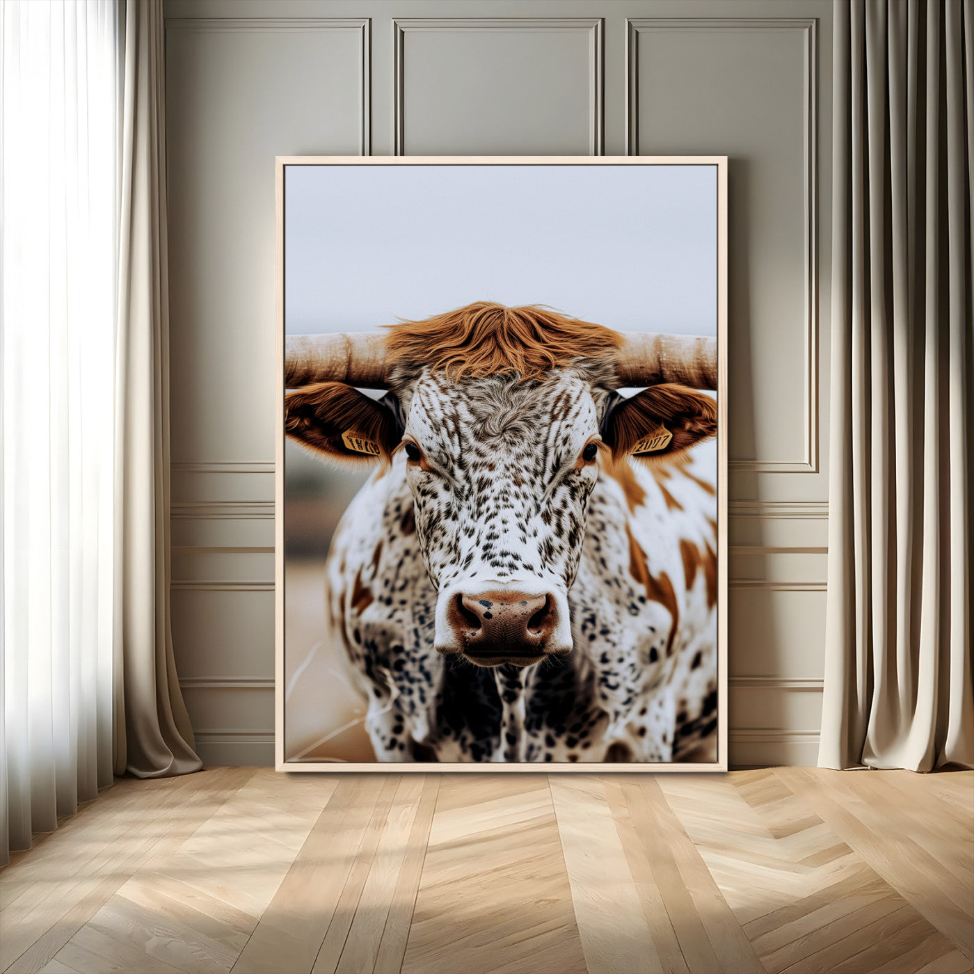 83285937-MGV-FC-24X36_Natural-Texas Longhorn Wall Art Canvas Print, Framed Spotted Cow Art Picture Print, Horned Cattle Perfect Rustic Western Decor Artwork