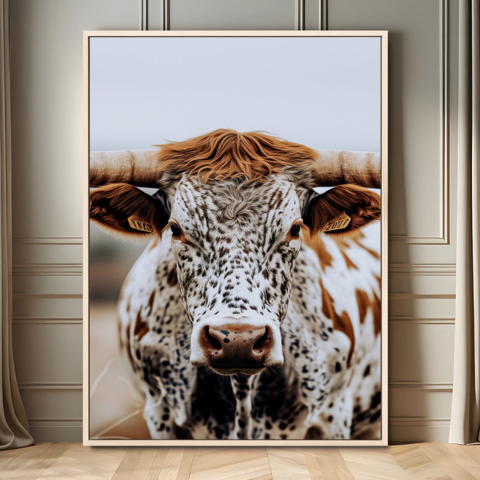 83285937-MGV-FC-24X36_Natural-Texas Longhorn Wall Art Canvas Print, Framed Spotted Cow Art Picture Print, Horned Cattle Perfect Rustic Western Decor Artwork