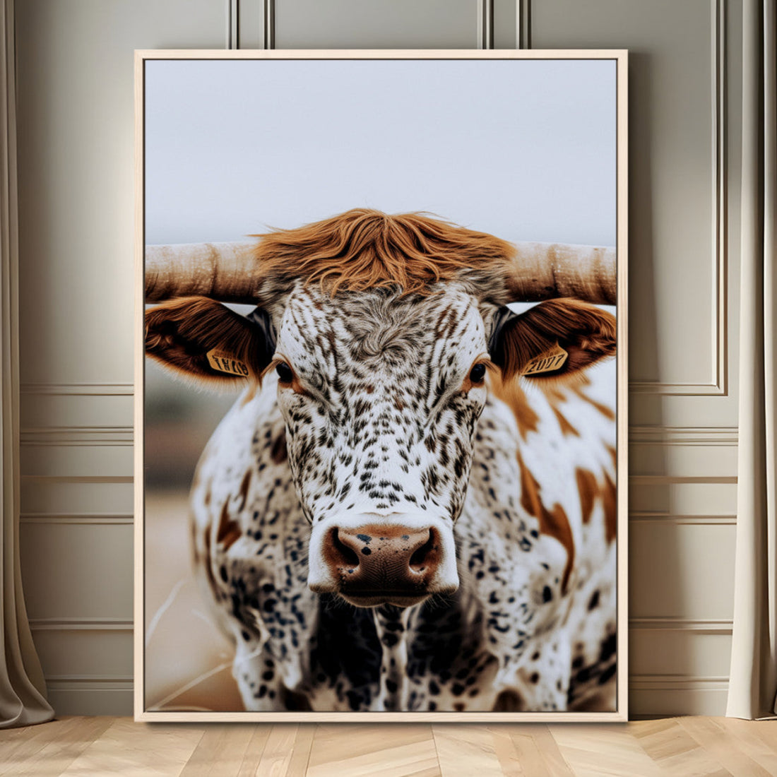 Texas Longhorn Wall Art Canvas Print | Spotted Horned Cattle Front View