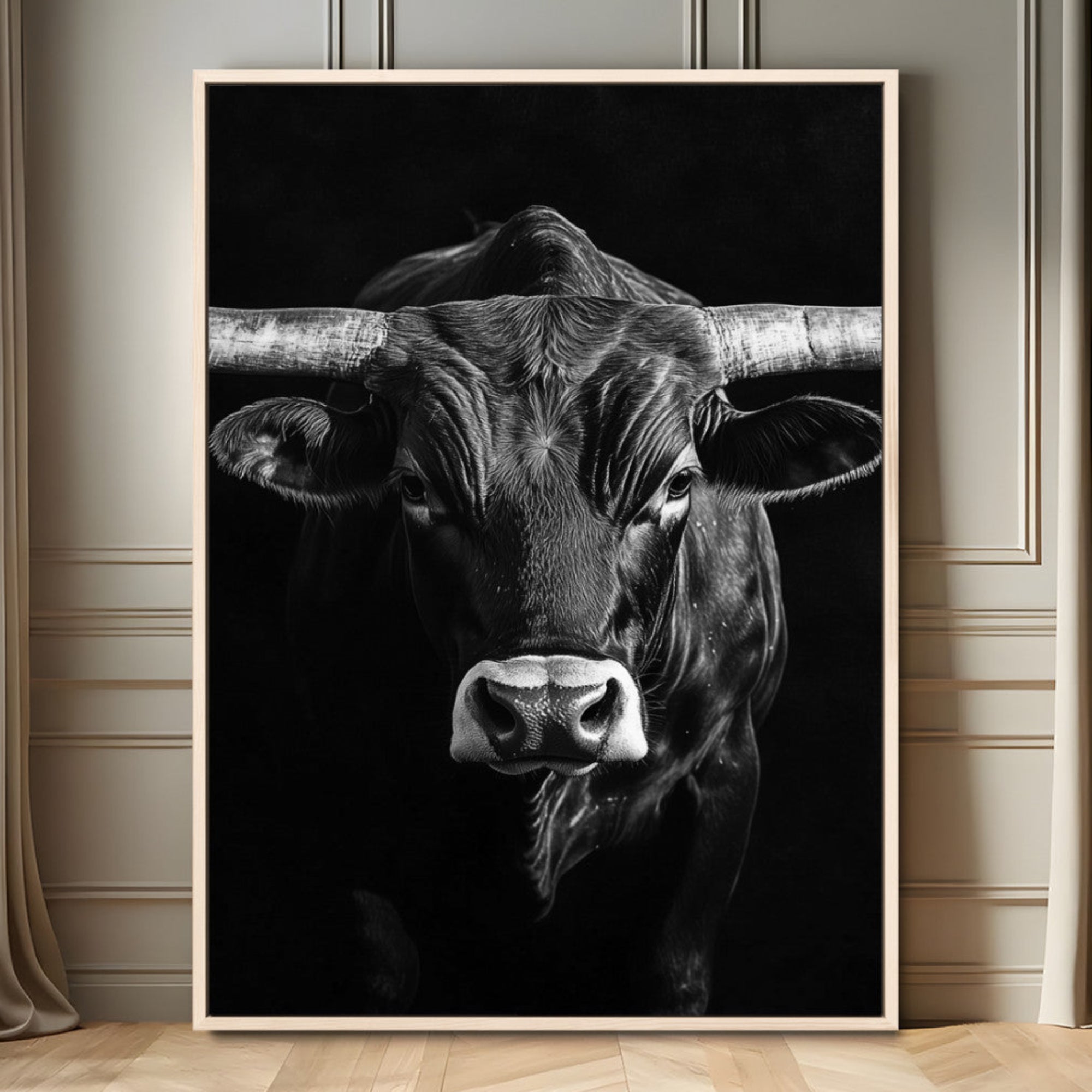 75358747-MGV-FC-24X36_Natural-Texas Longhorn Wall Art Canvas Print, Framed Monochrome Bull Art Picture Print, Horned Bull Perfect Minimalist Western Decor Artwork