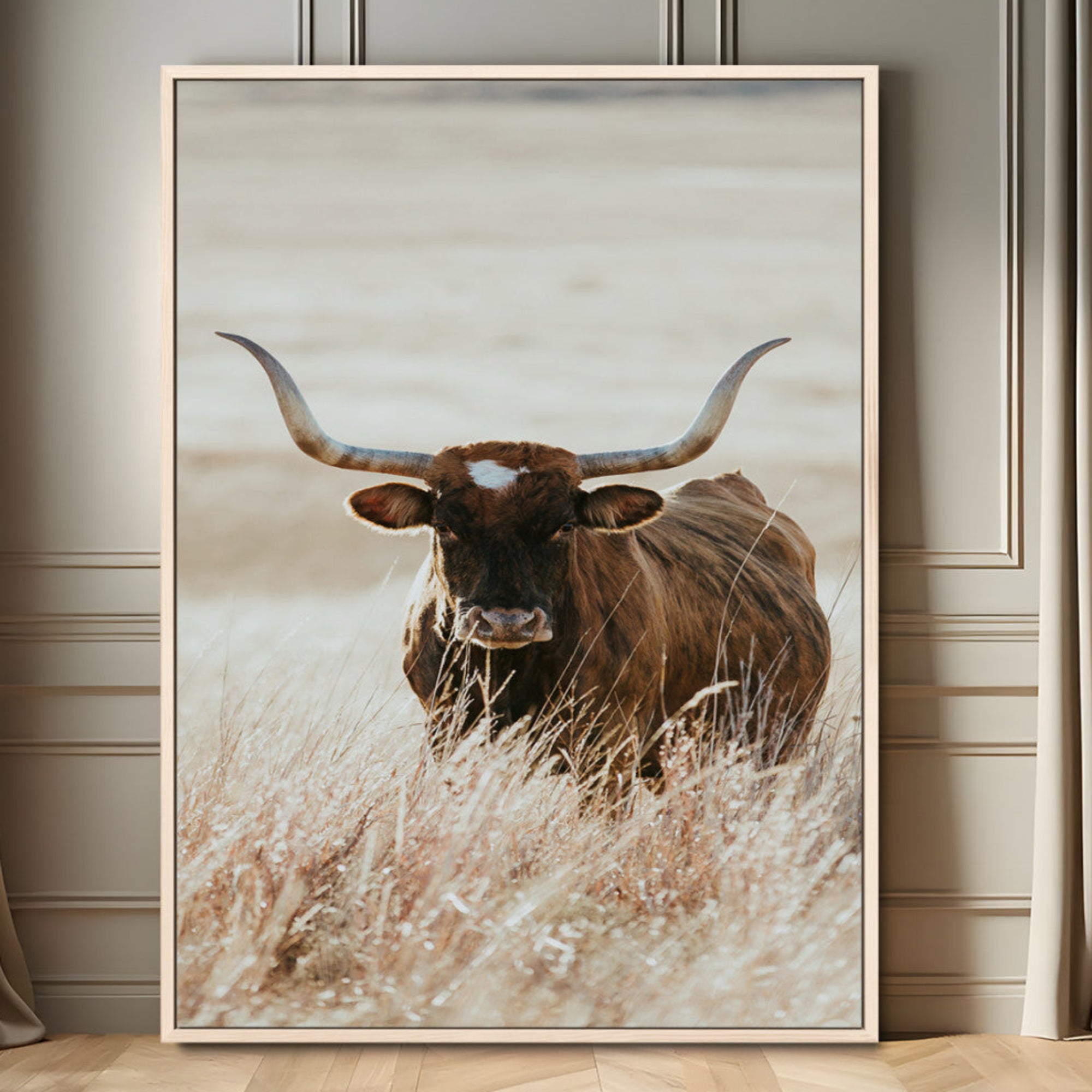 20990845-MGV-FC-24X36_Natural-Texas Longhorn Wall Art Canvas Print, Framed Brown Cattle Art Picture Print, Horned Bull Perfect Rustic Western Decor Artwork