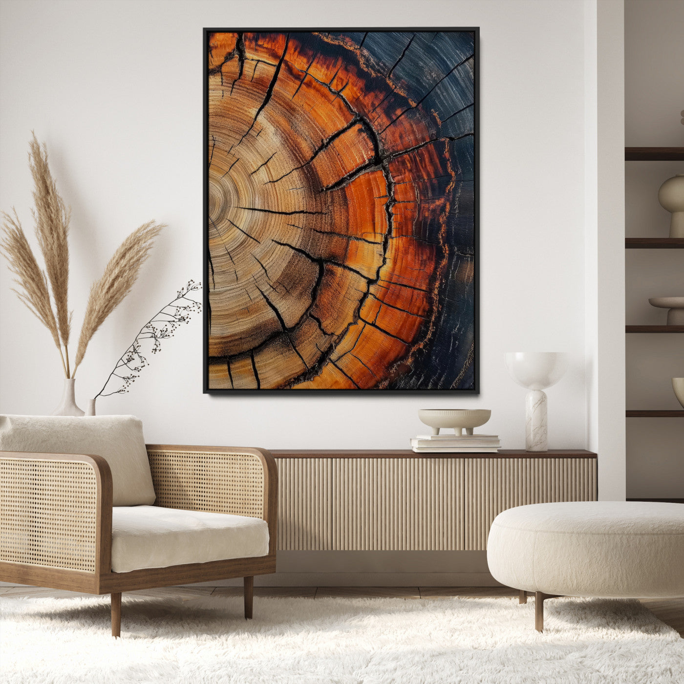 12078265-MGV-FC-36X24-Tree Rings Wall Art Canvas Print – Framed Burnt Wood Rustic Nature Growth Rings Organic Artwork for Home Office