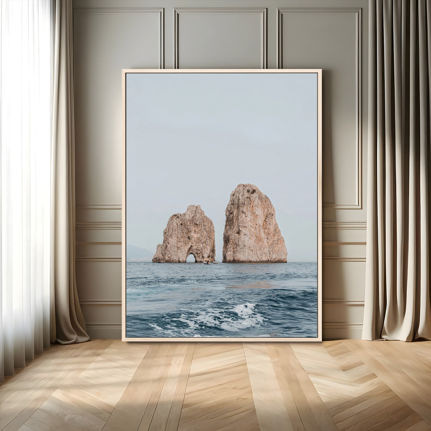 23148844-MGV-FC-24X36_Natural-Faraglioni Capri Wall Art Canvas Print – Framed Serene Ocean Mediterranean Coastal View Minimal Artwork for Home Office