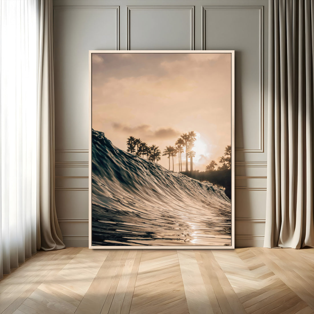 Golden Hour Ocean Wave Wall Art Canvas Print, Framed Tropical Beach Sunset Palms