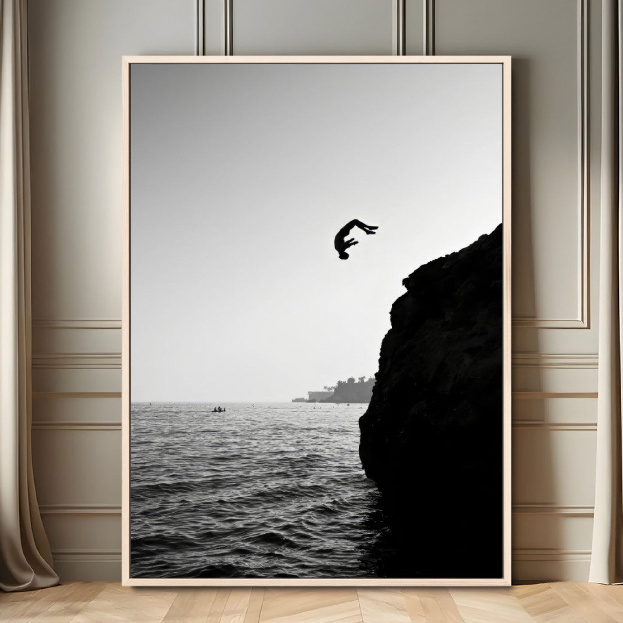 99497106-MGV-FC-24X36_Natural-Cliff Jumping Silhouette Wall Art Canvas Print – Framed Black White Ocean Monochrome Adventure Artwork for Home Office