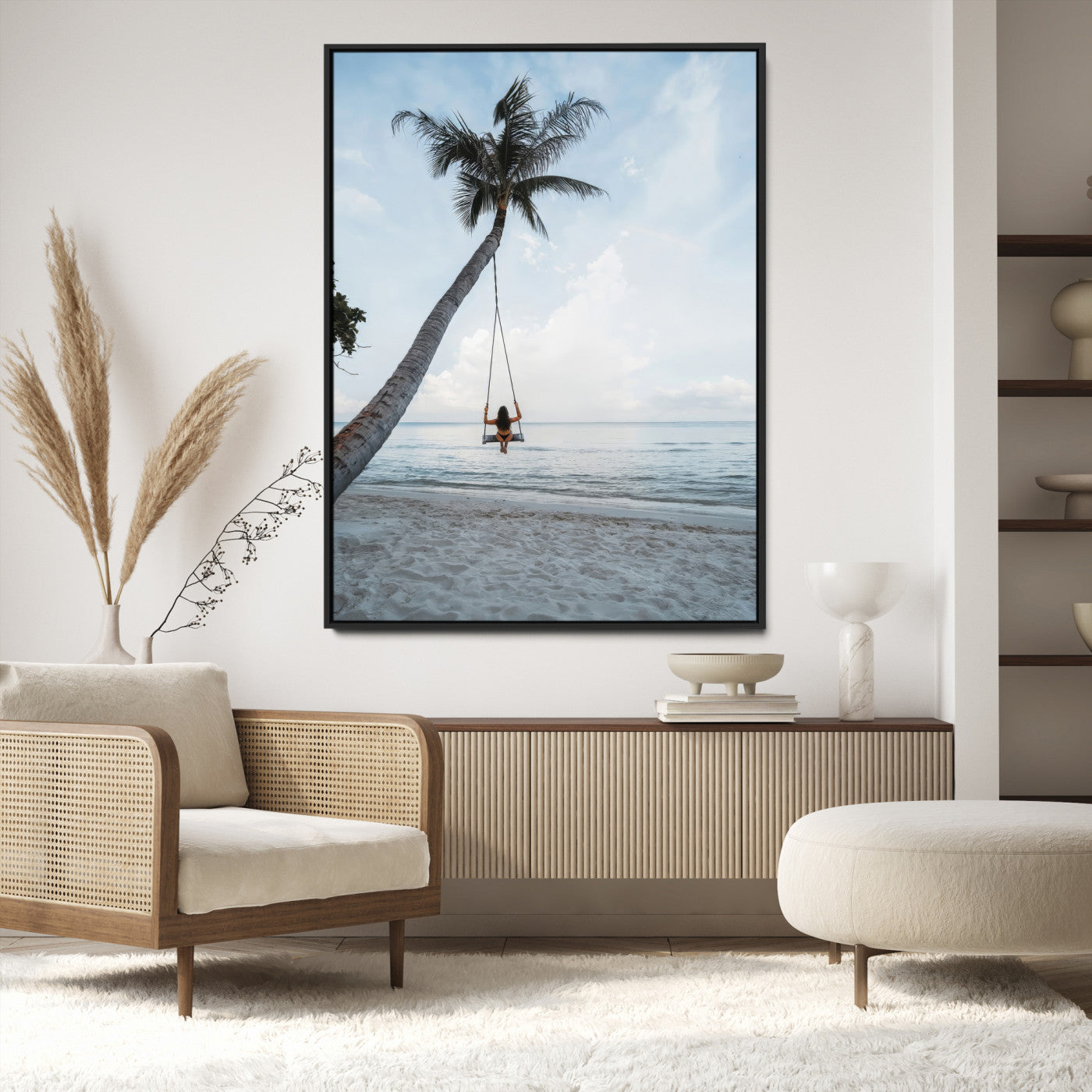 86062249-MGV-FC-36X24-Tropical Swing Wall Art Canvas Print – Palm Trees Ocean View Relaxing Beach Minimalist Coastal Decor Artwork