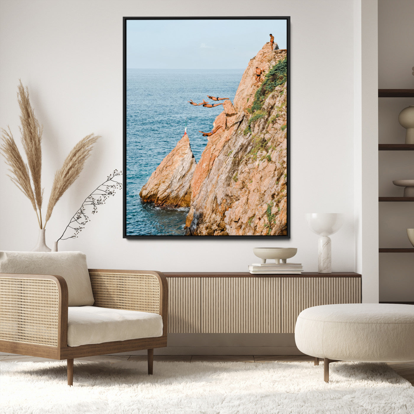 74527880-MGV-FC-36X24-Cliff Divers Wall Art Canvas Print, Framed Oceanfront Art Picture Print, Coastal Perfect Adventurous